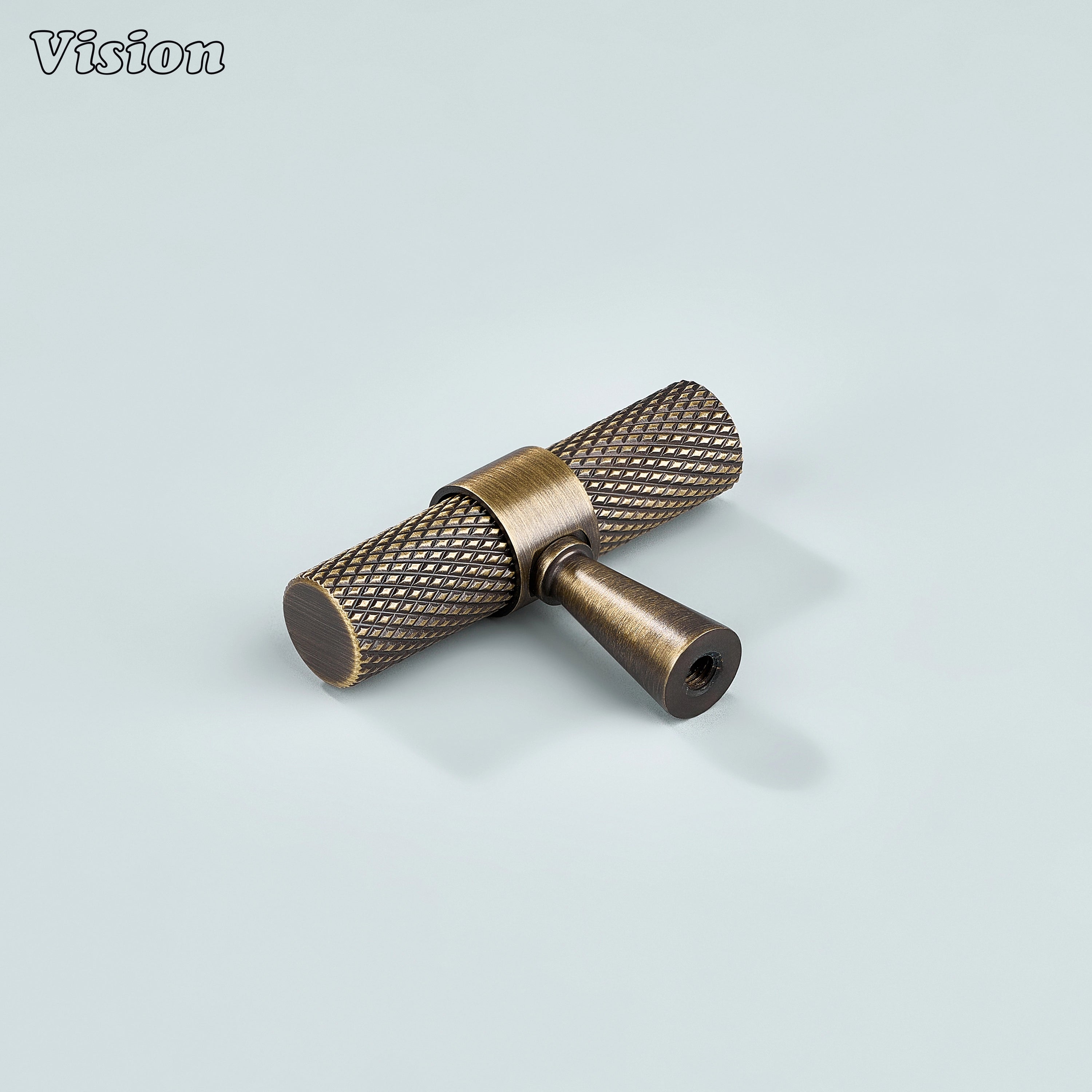 Elegant antique bronze knurled T-knob used for modular kitchen drawers.