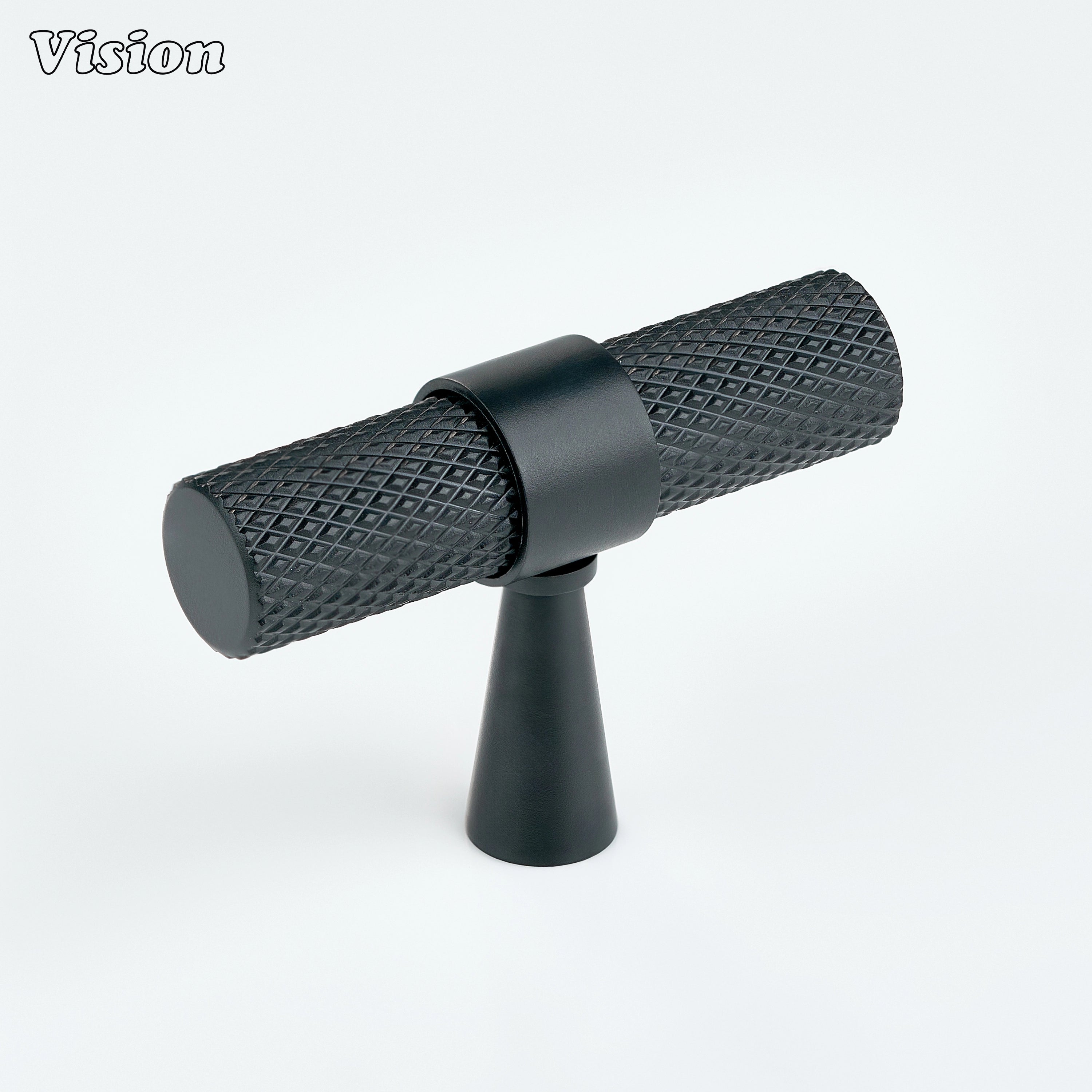 Black cabinet T-knob with knurled bar and ringed cone legs for cabinets
