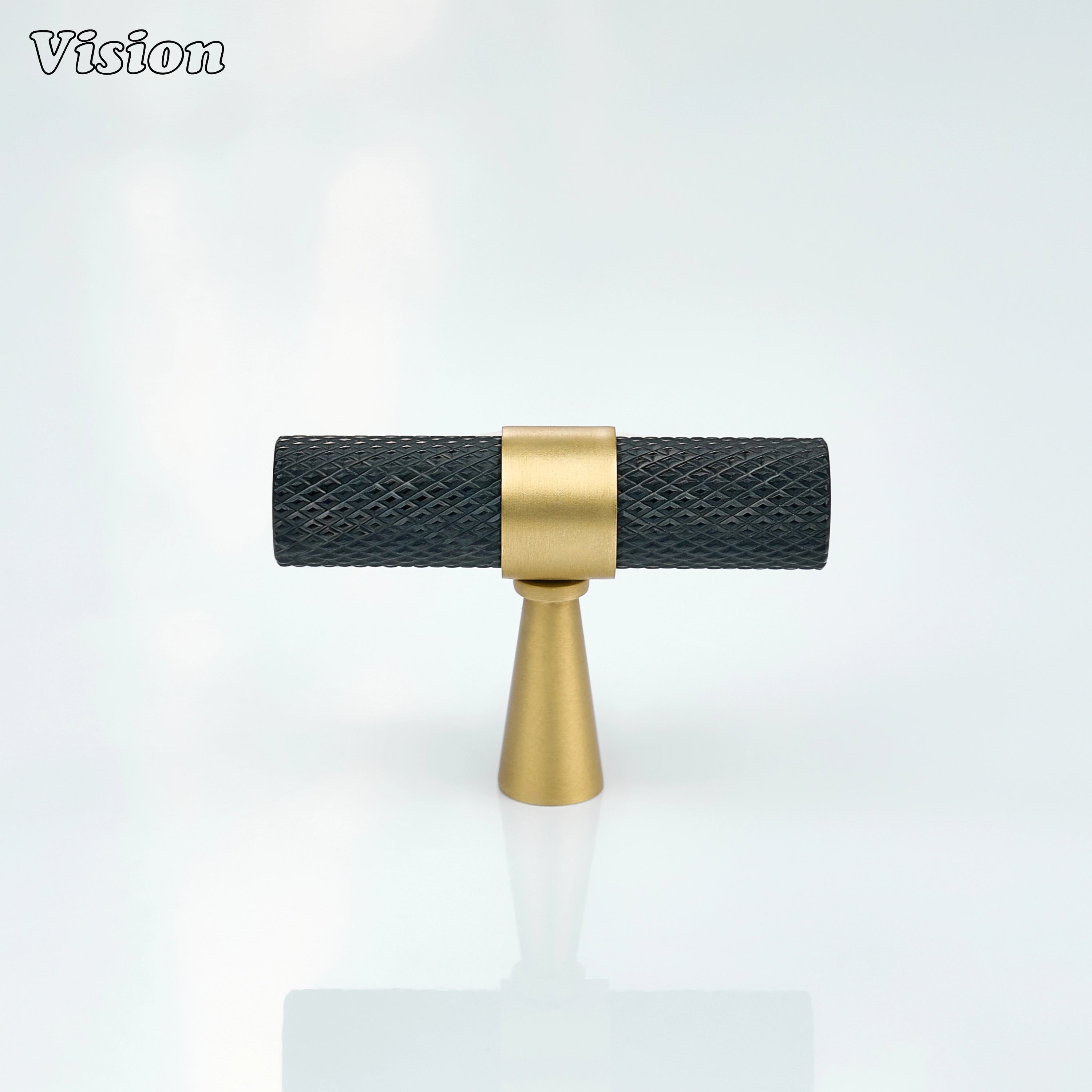 Knurled cabinet T-knob featuring black bar with gold ringed cone legs for drawers