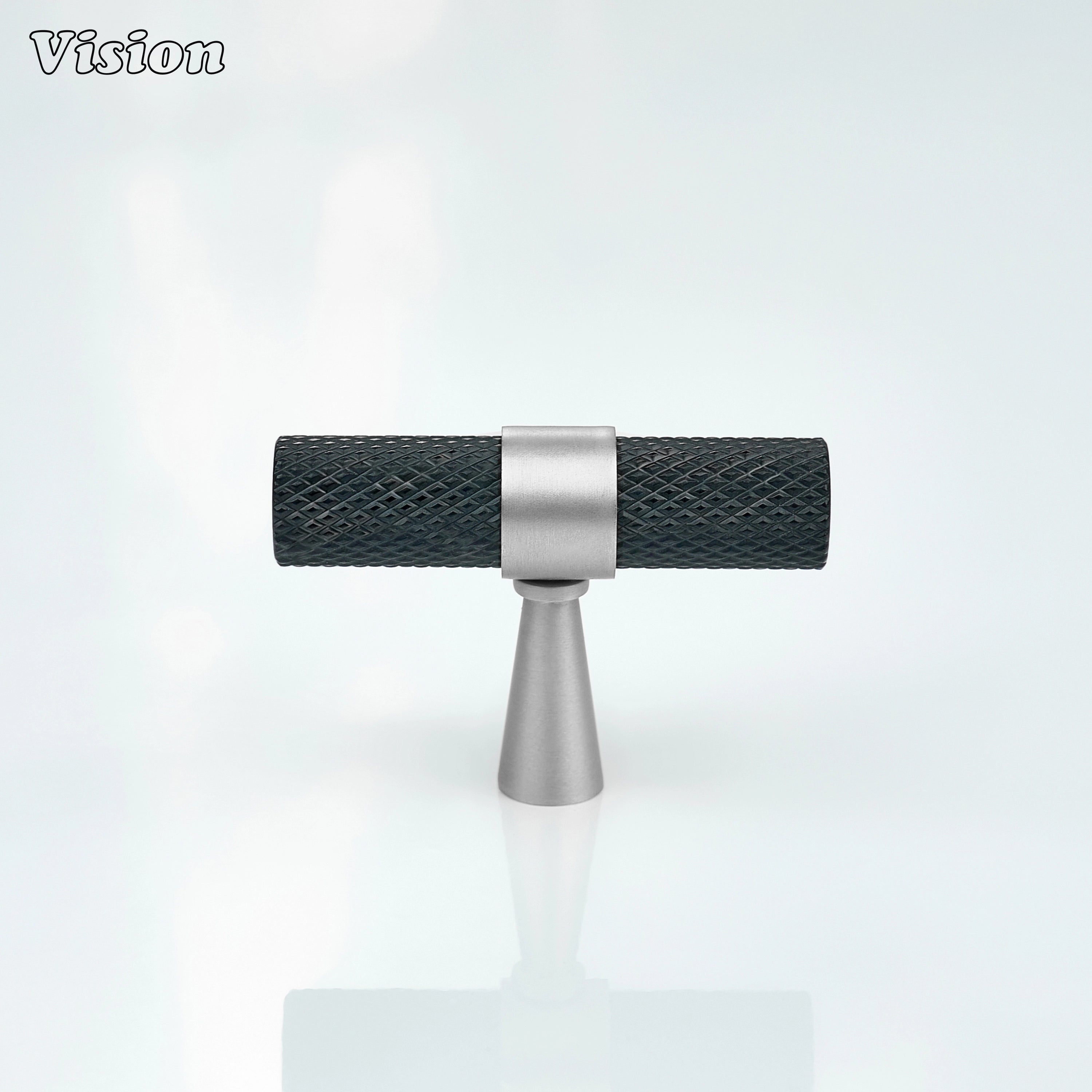 Knurled cabinet T-knob featuring black bar with silver ringed cone legs for drawers