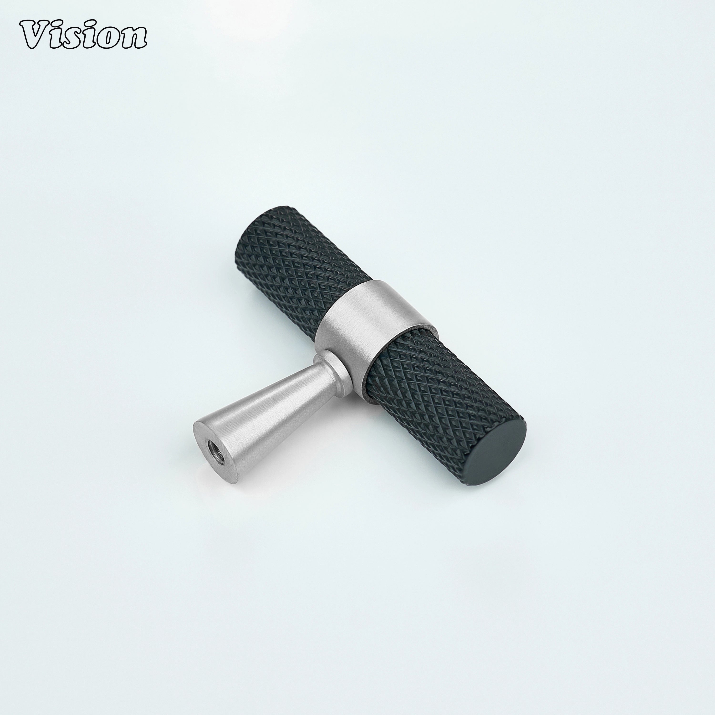Black knurled T-knob paired with silver cone legs for wardrobe furniture