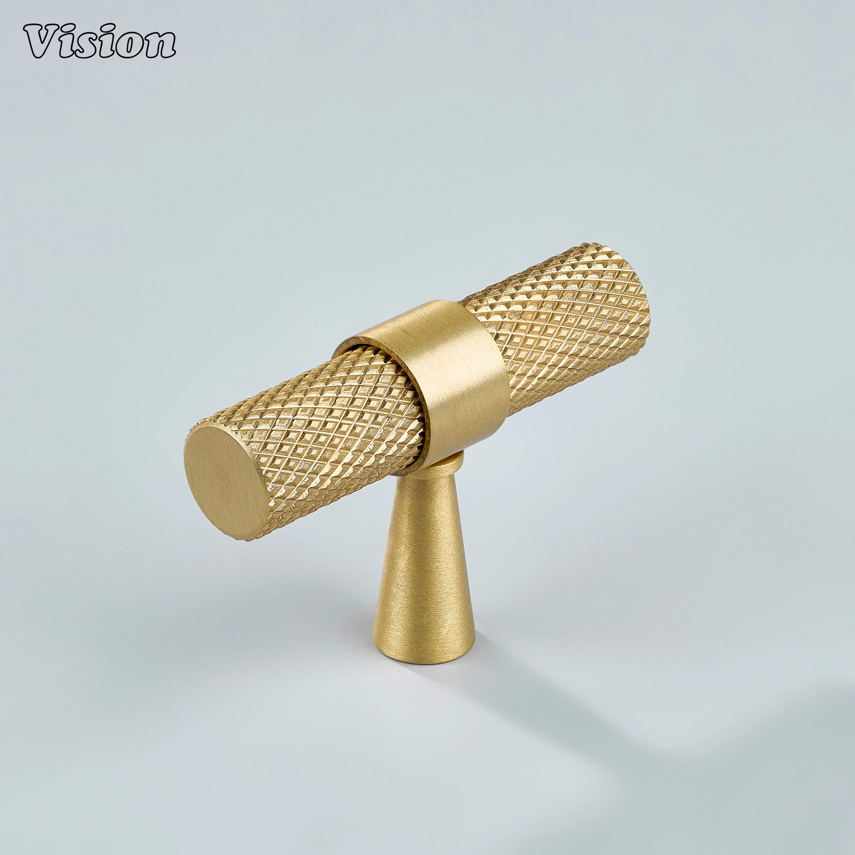 Modern gold brass Canyon knurled T-knob for kitchen cabinets.