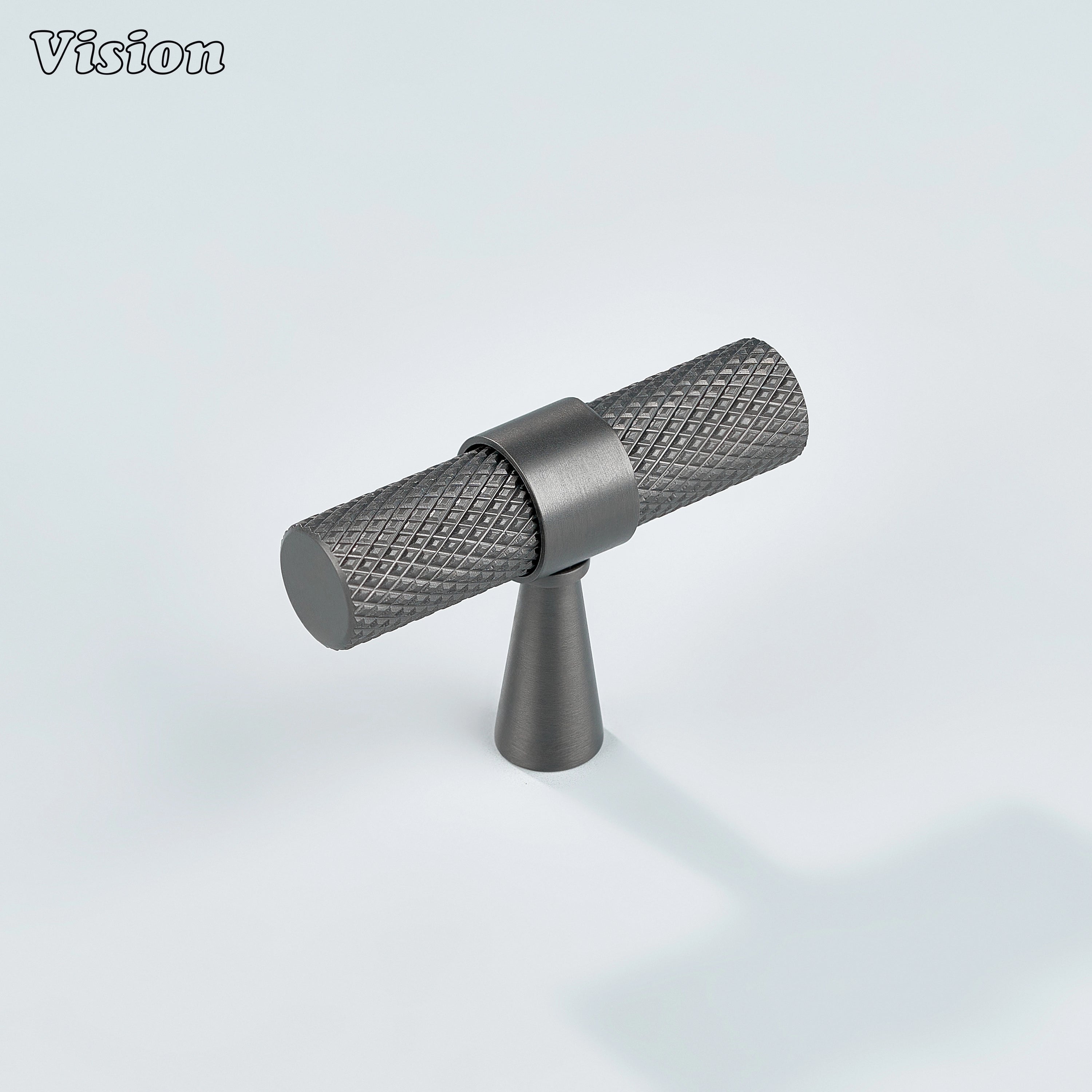 Modern gunmetal brass Canyon knurled T-knob for kitchen cabinets.