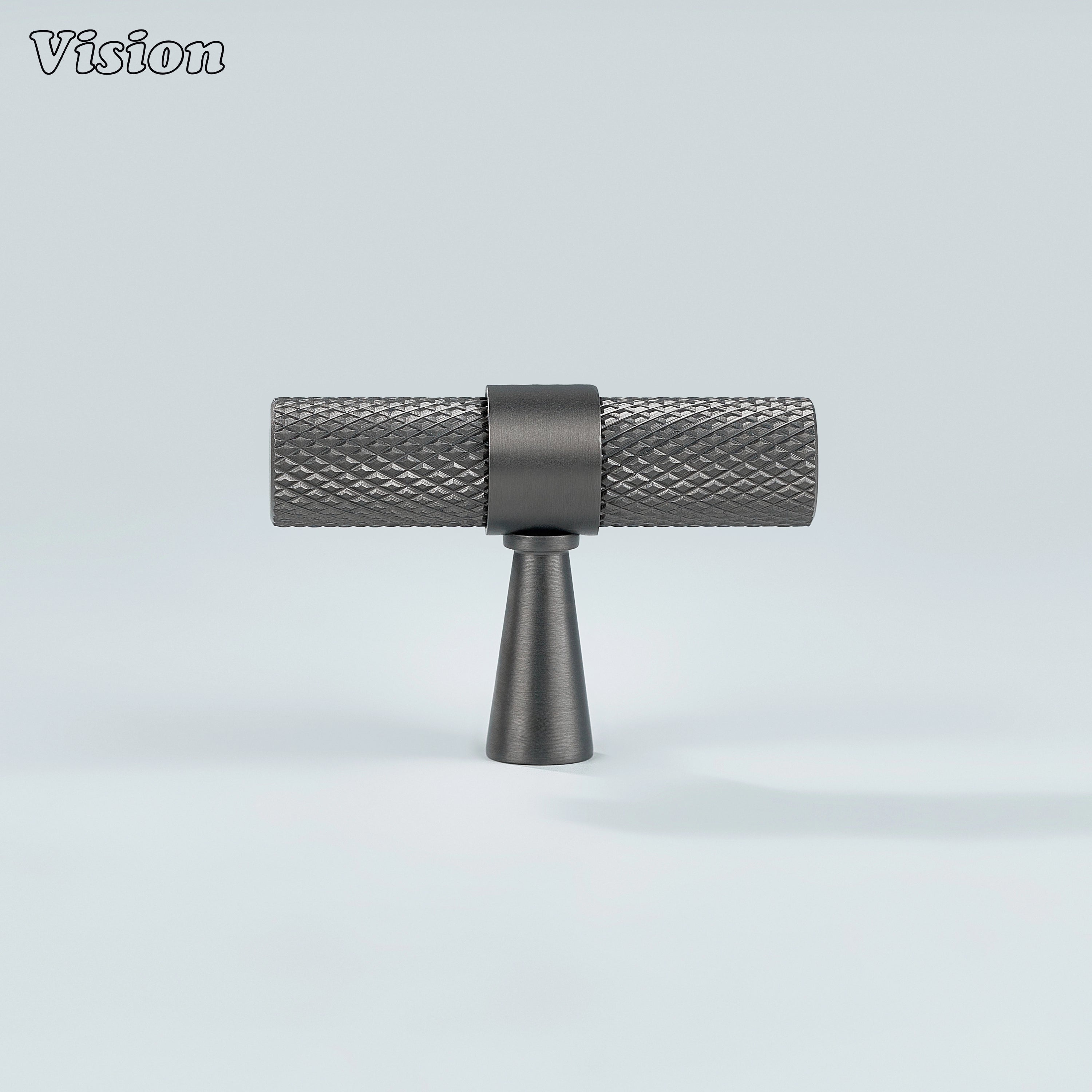 Sleek gunmetal knurled T-knob used for cupboards and furniture.
