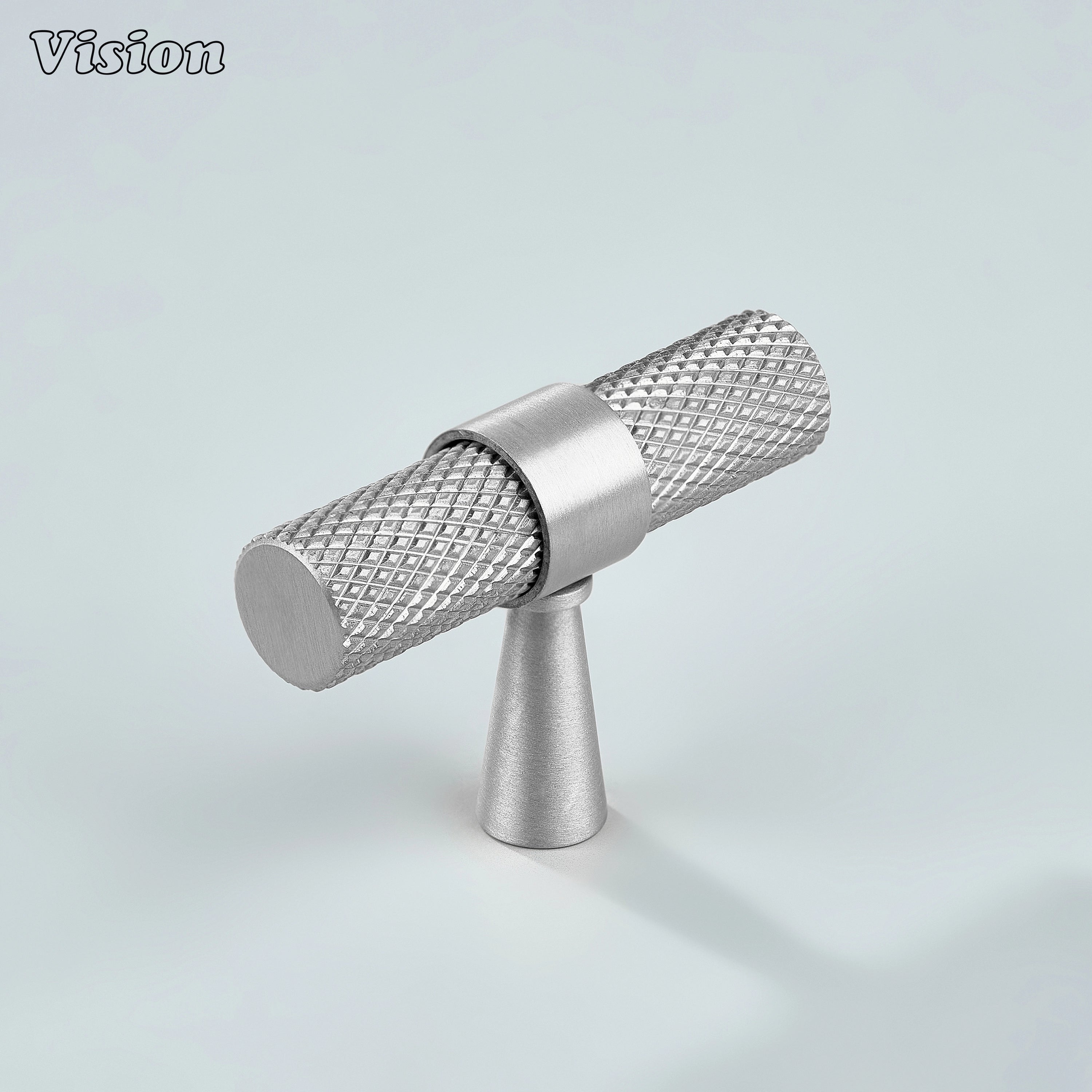 Sleek silver brass Canyon knurled T-knob for kitchen cabinets.