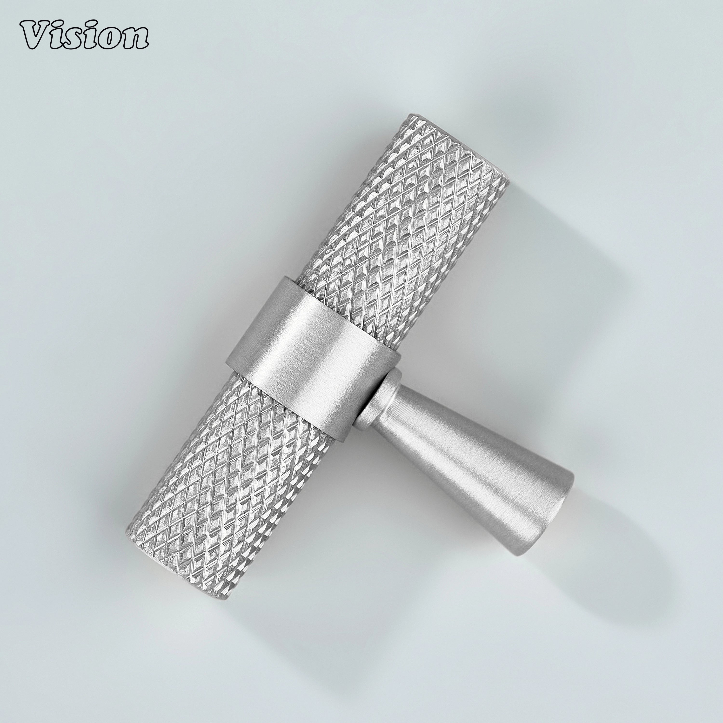 Solid brass silver Canyon T-knob for bathroom cabinets.