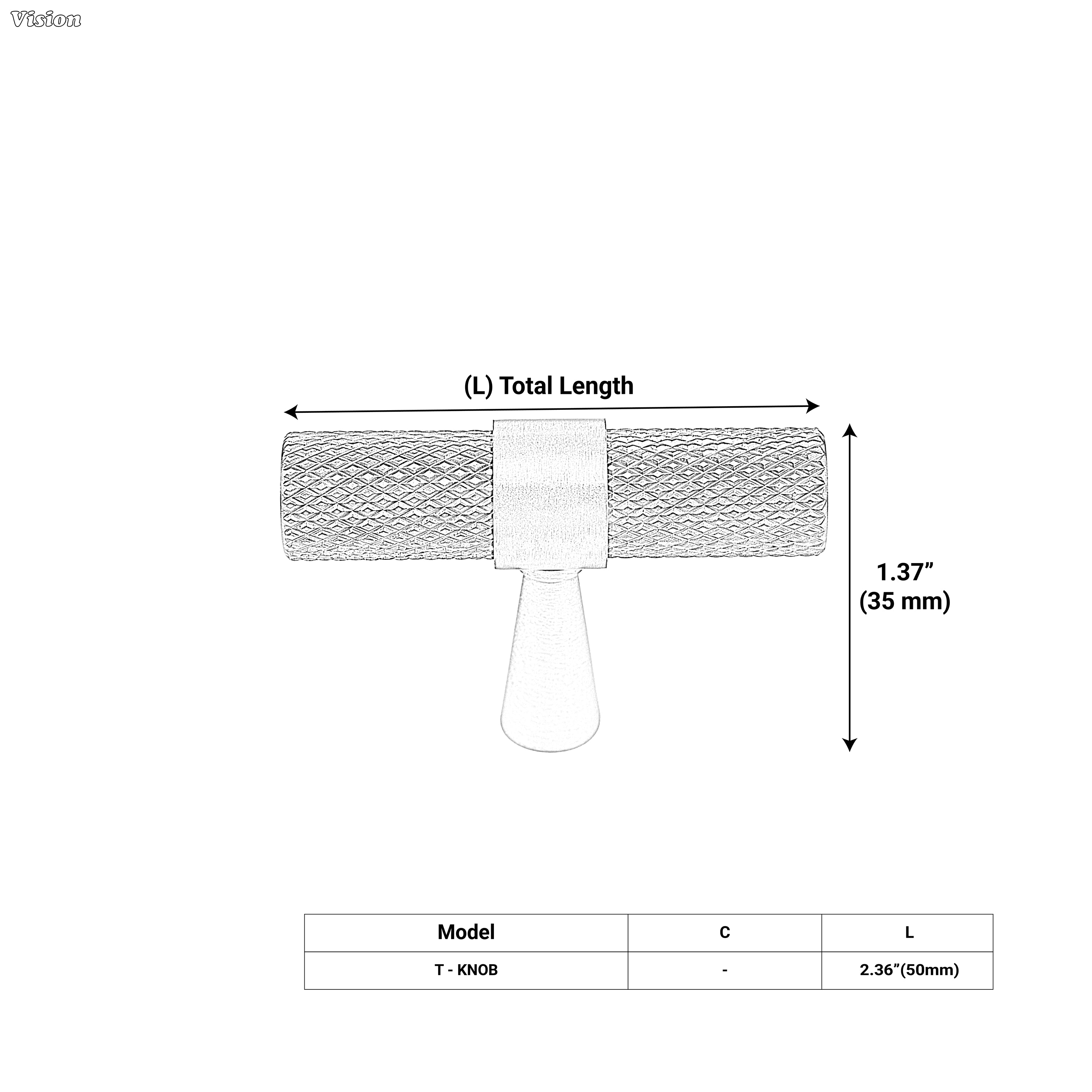 Elegant silver knurled T-knob designed for cupboards and closets.