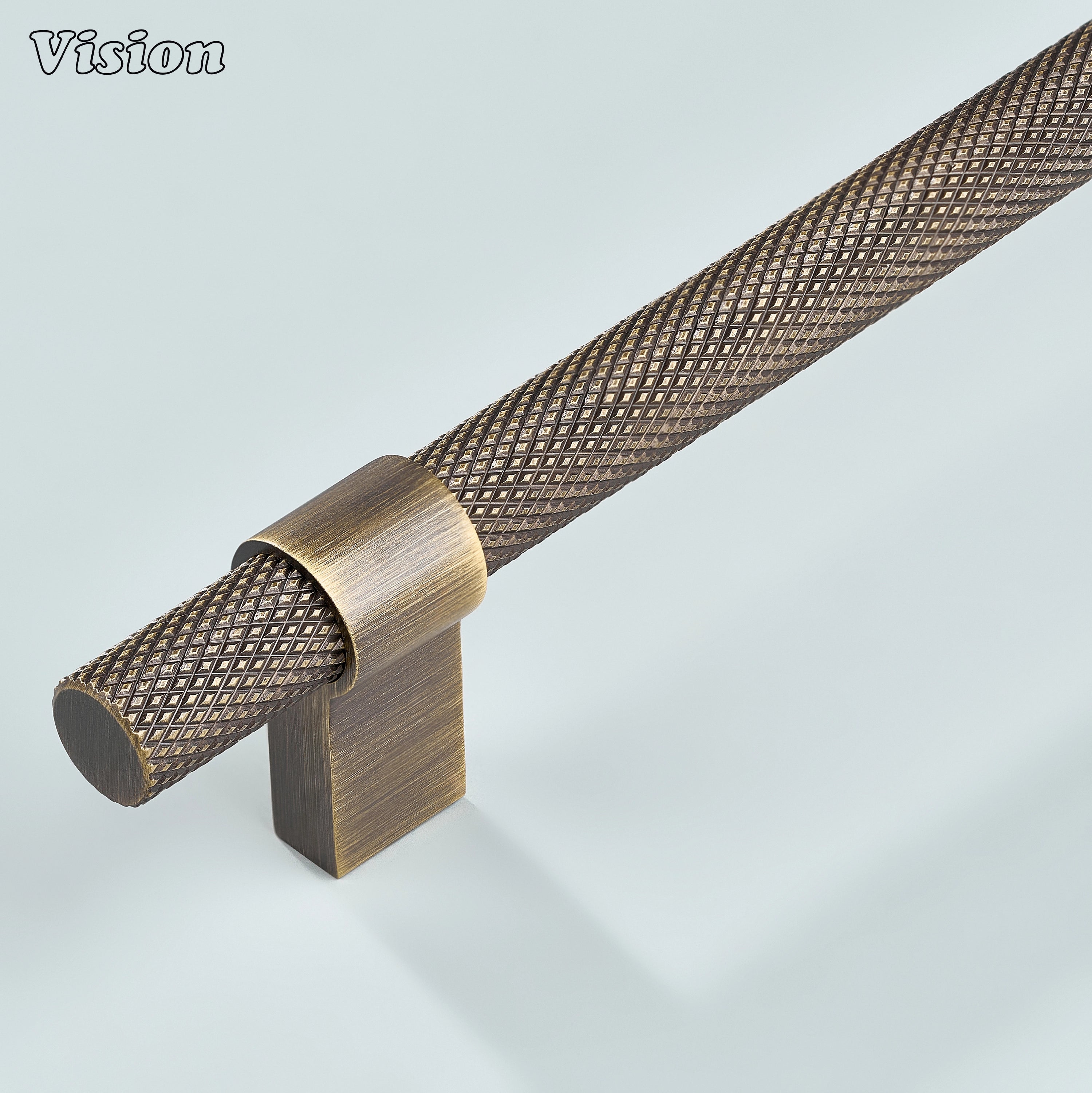 Celestia antique bronze knurled handle with ringed square legs for premium kitchen cabinets.