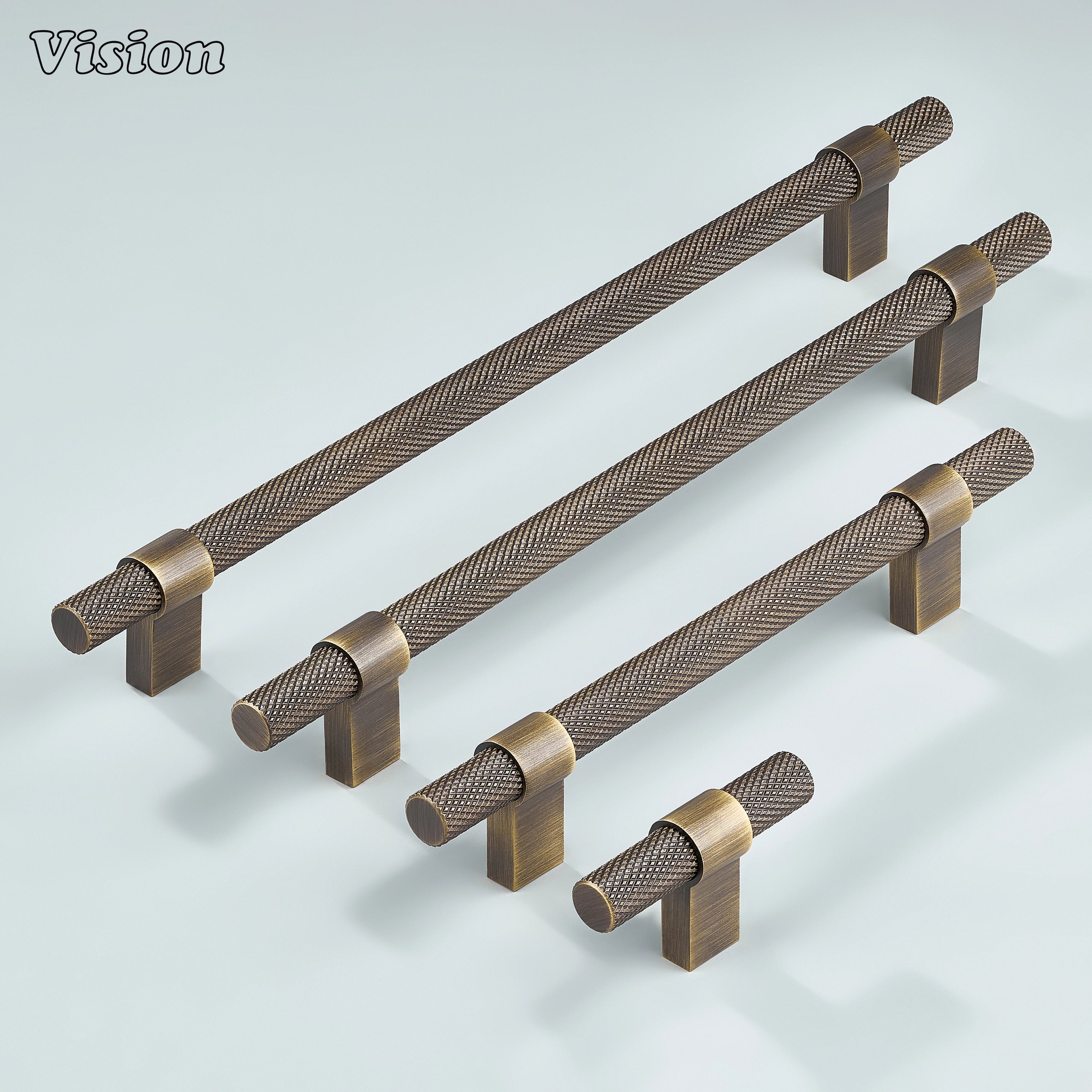 Antique bronze knurled Celestia handle featuring textured rod for furniture and wardrobes.