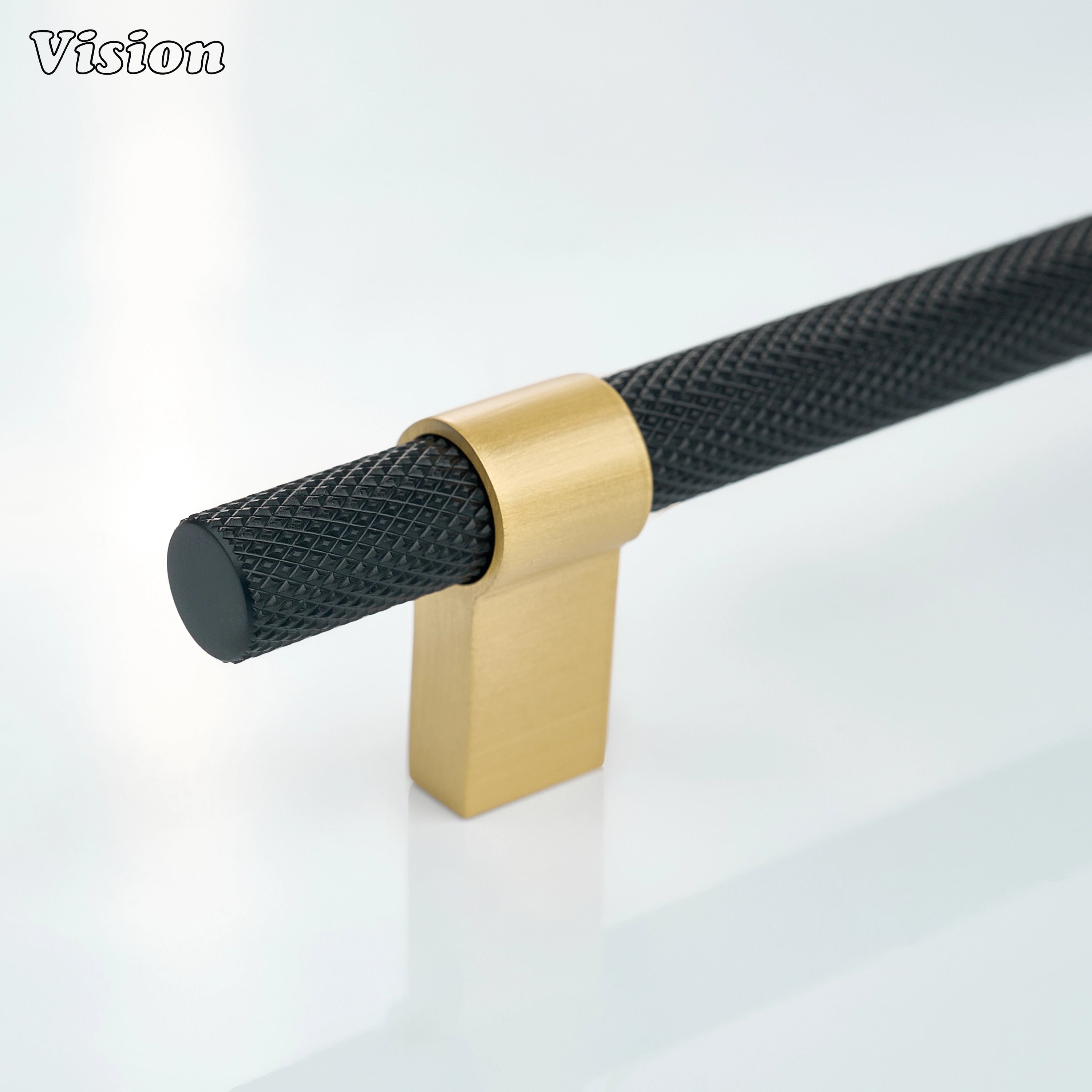 Knurled cabinet handle in Black and Gold with cylindrical bar and ringed square legs for modern kitchen cabinets