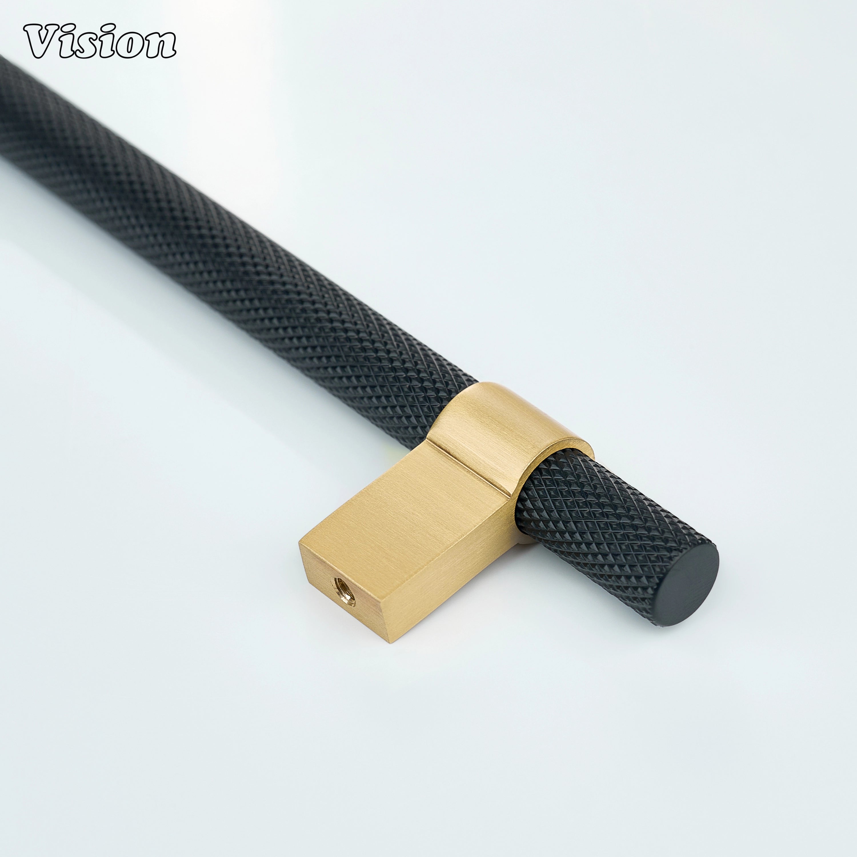 Designer knurled cabinet handle in Black and Gold with solid bar form for furniture drawers