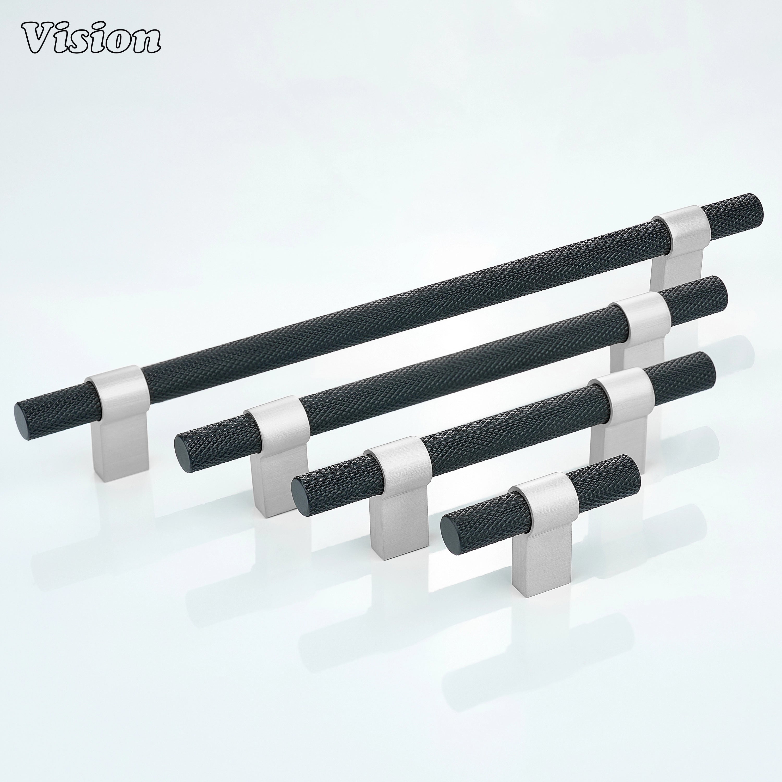 Black and Silver knurled cabinet handle with textured bar design for modern wardrobe doors