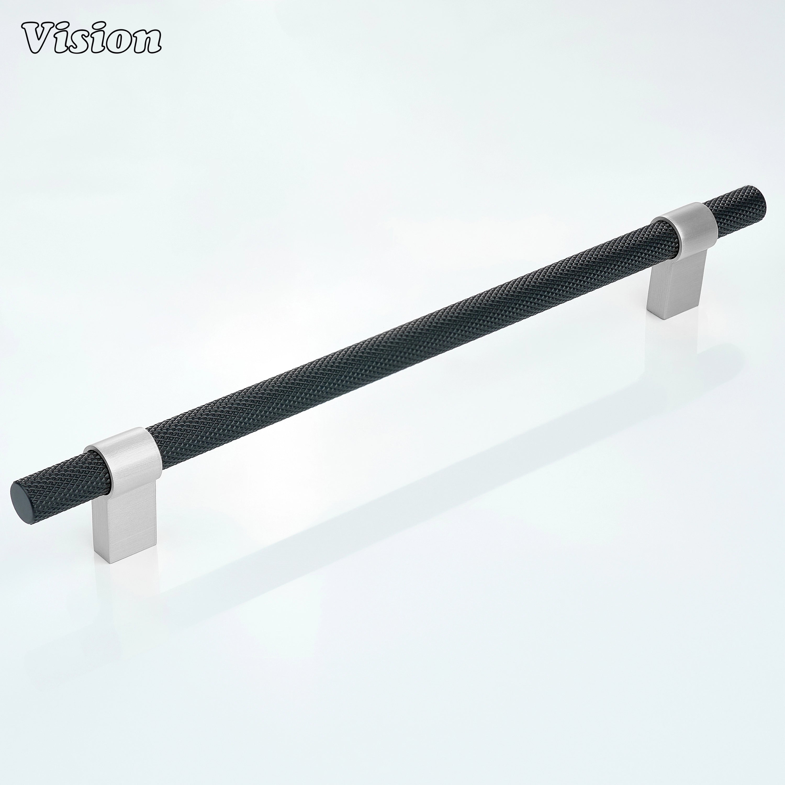 Textured knurled cabinet handle in Black and Silver with bar profile for kitchen drawers