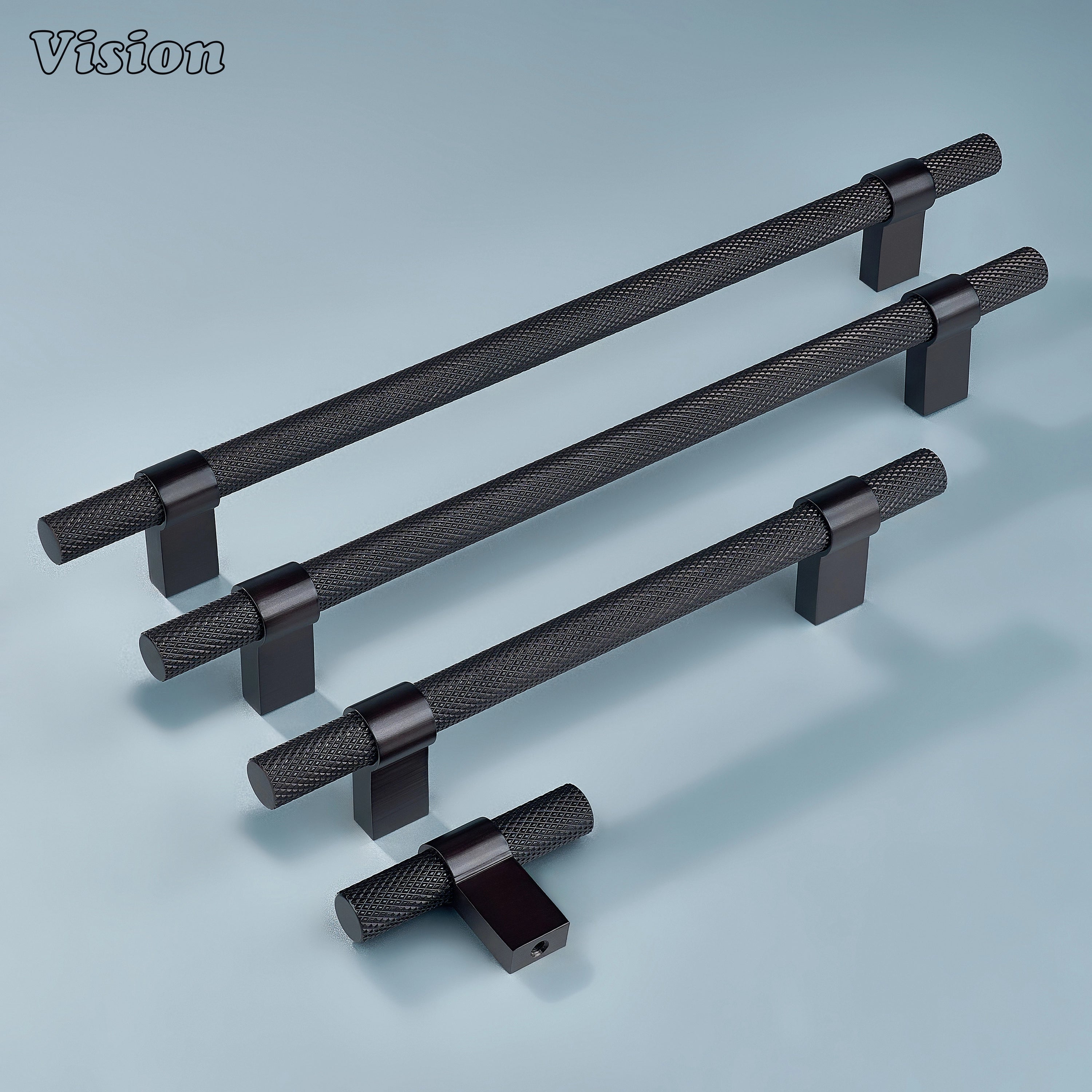 Textured knurled handle in oil rubbed bronze ideal for kitchen drawers and wardrobes.