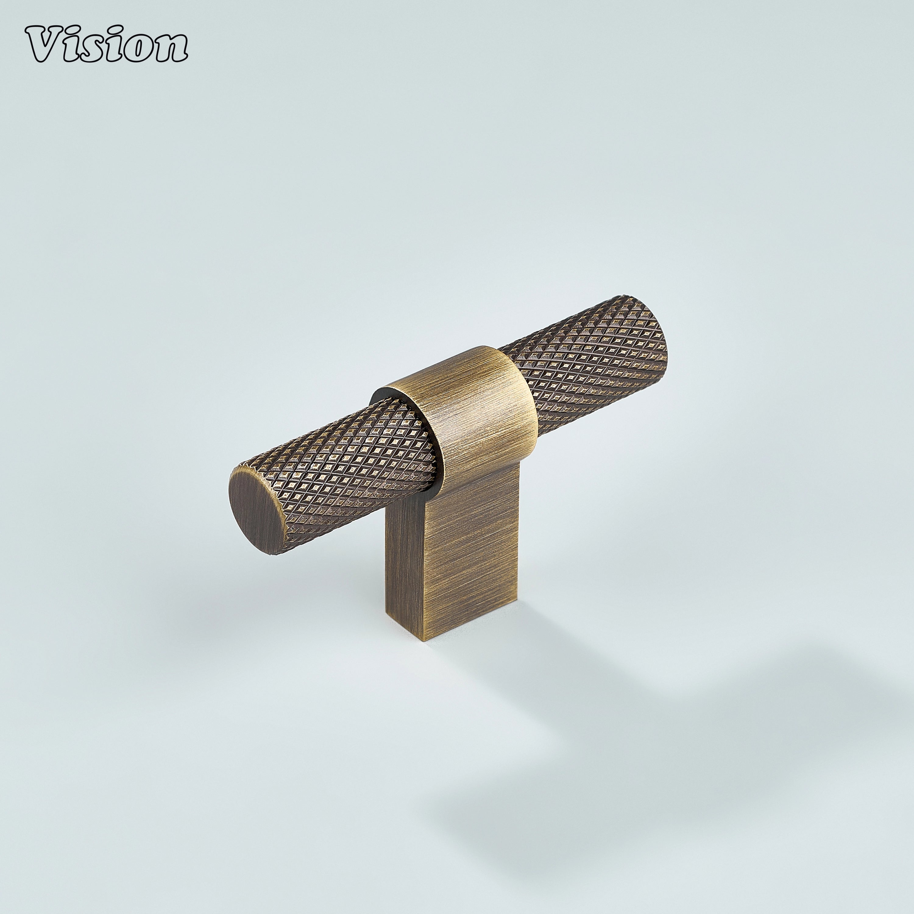 Antique bronze knurled T-knob from Celestia series with square leg for cabinets.