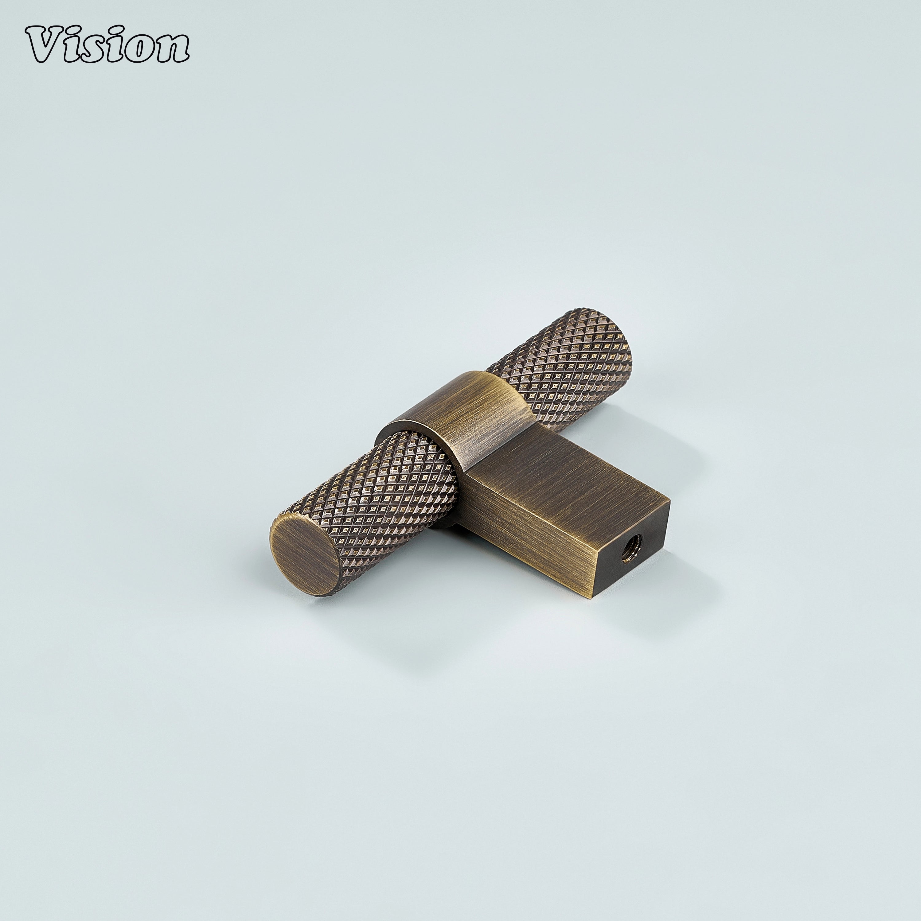 Classic antique bronze knurled T-knob with ringed leg for vintage interiors.