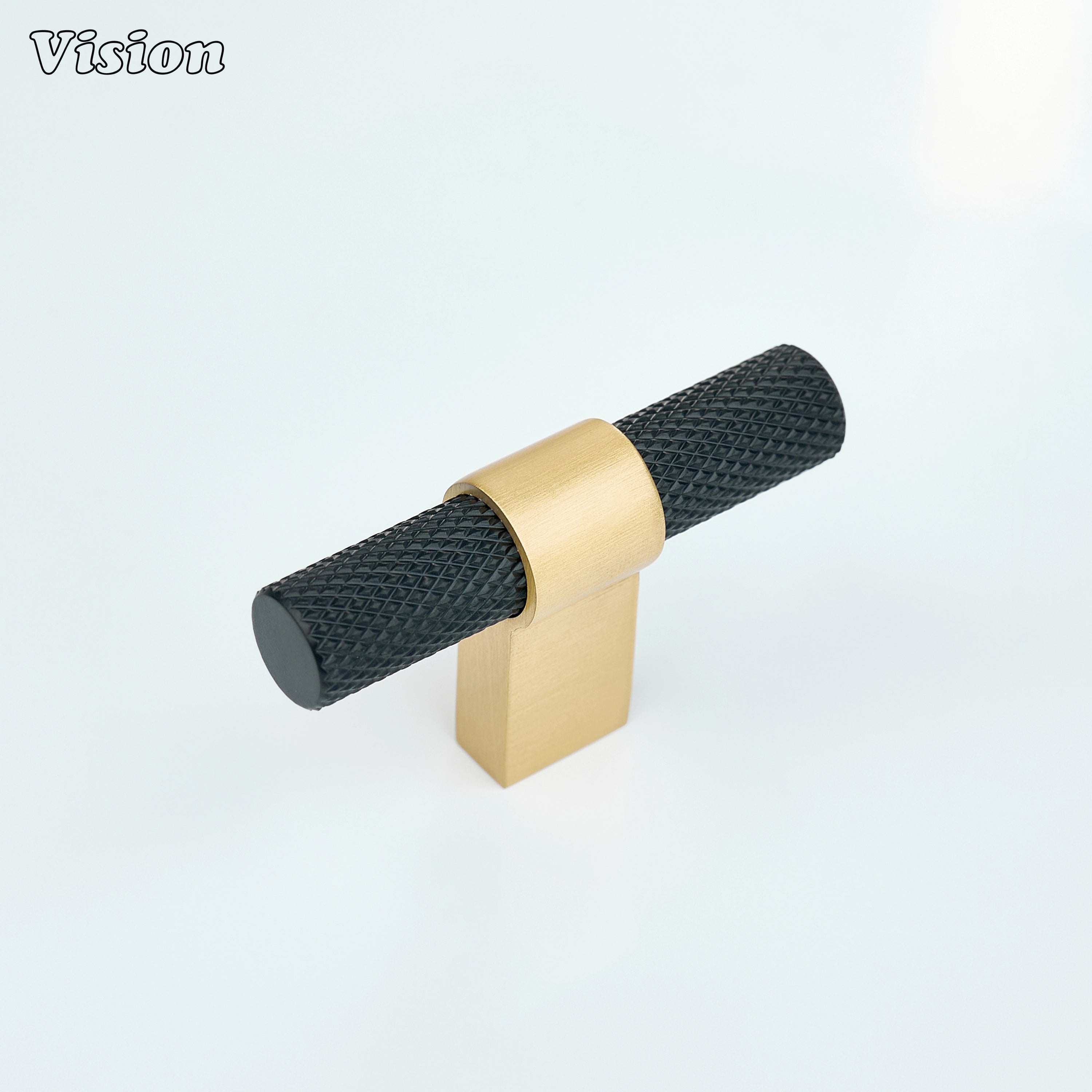 Knurled cabinet t-knob in Black and Gold with cylindrical bar and ringed square leg for modern kitchen cabinets