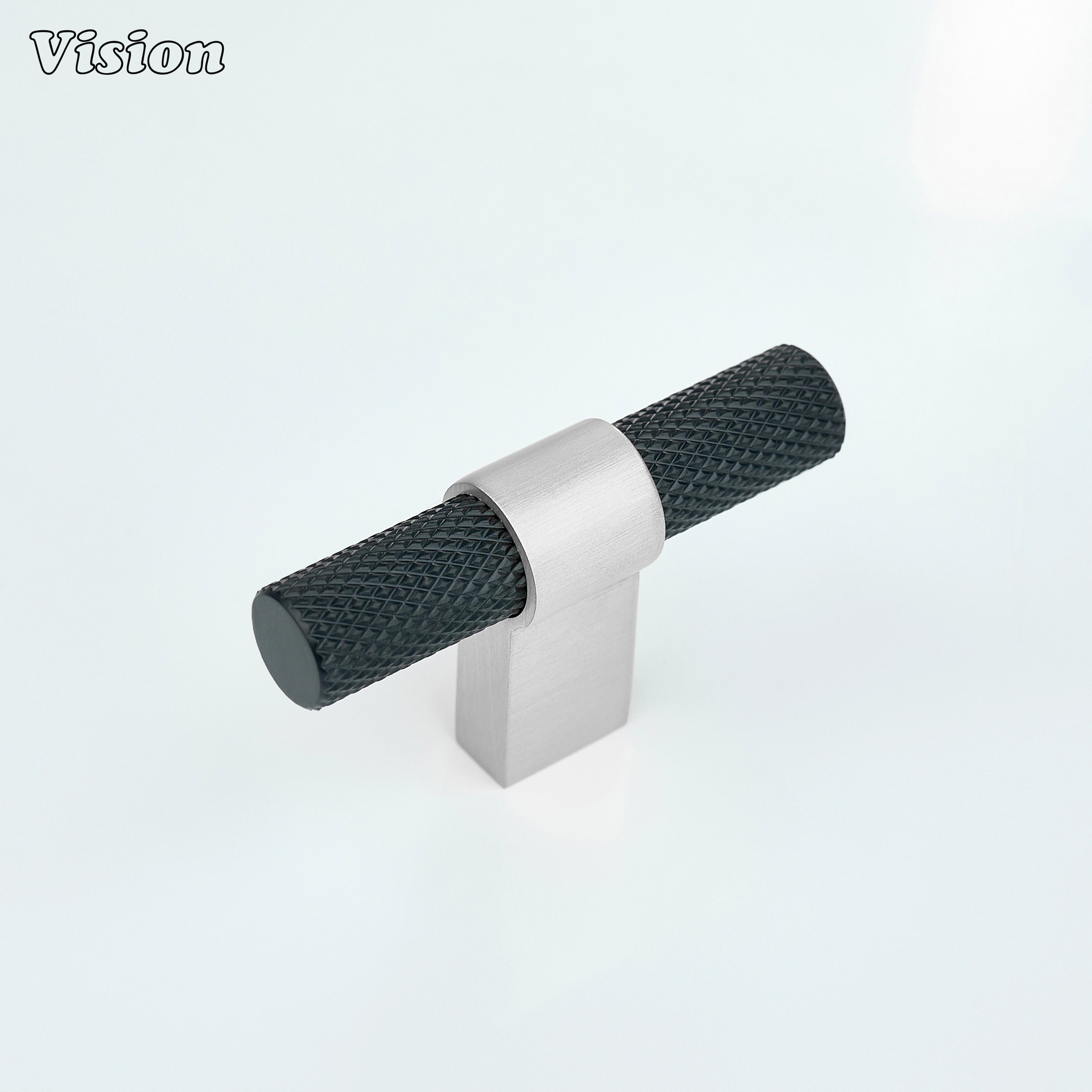 Knurled cabinet t-knob in Black and Silver with cylindrical bar and ringed square leg for kitchen cabinets