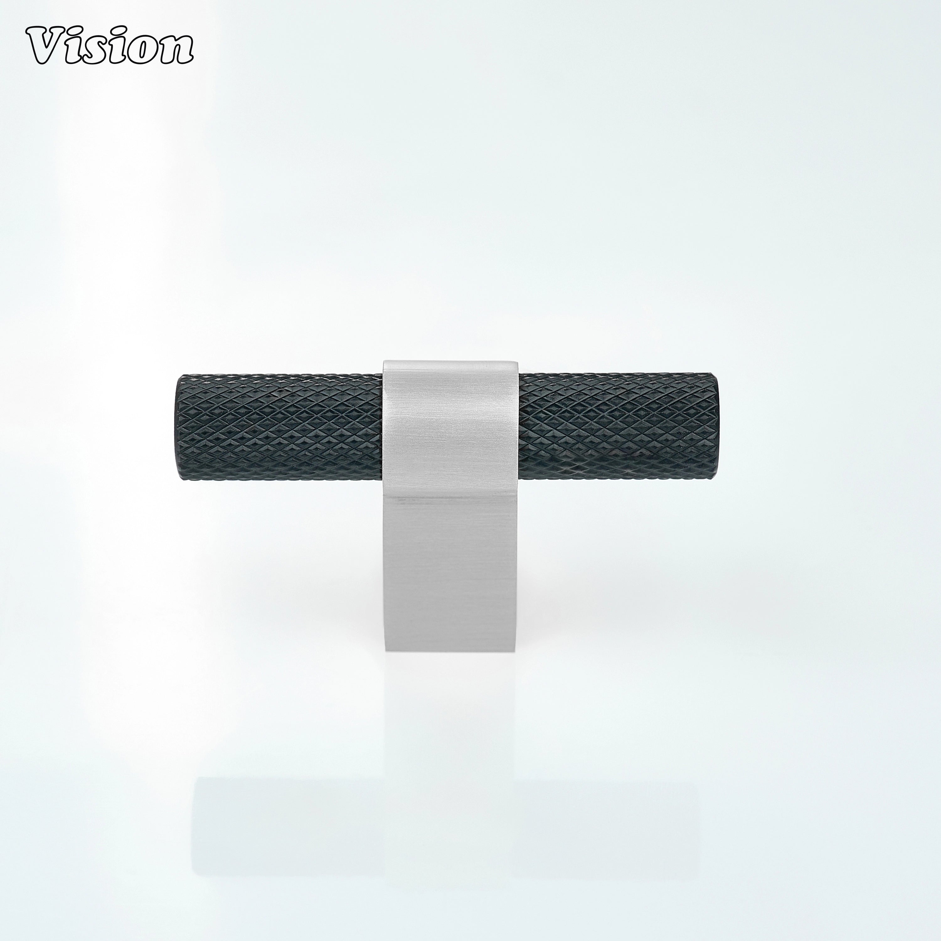 Black and Silver knurled cabinet t-knob with textured bar design for modern wardrobe doors