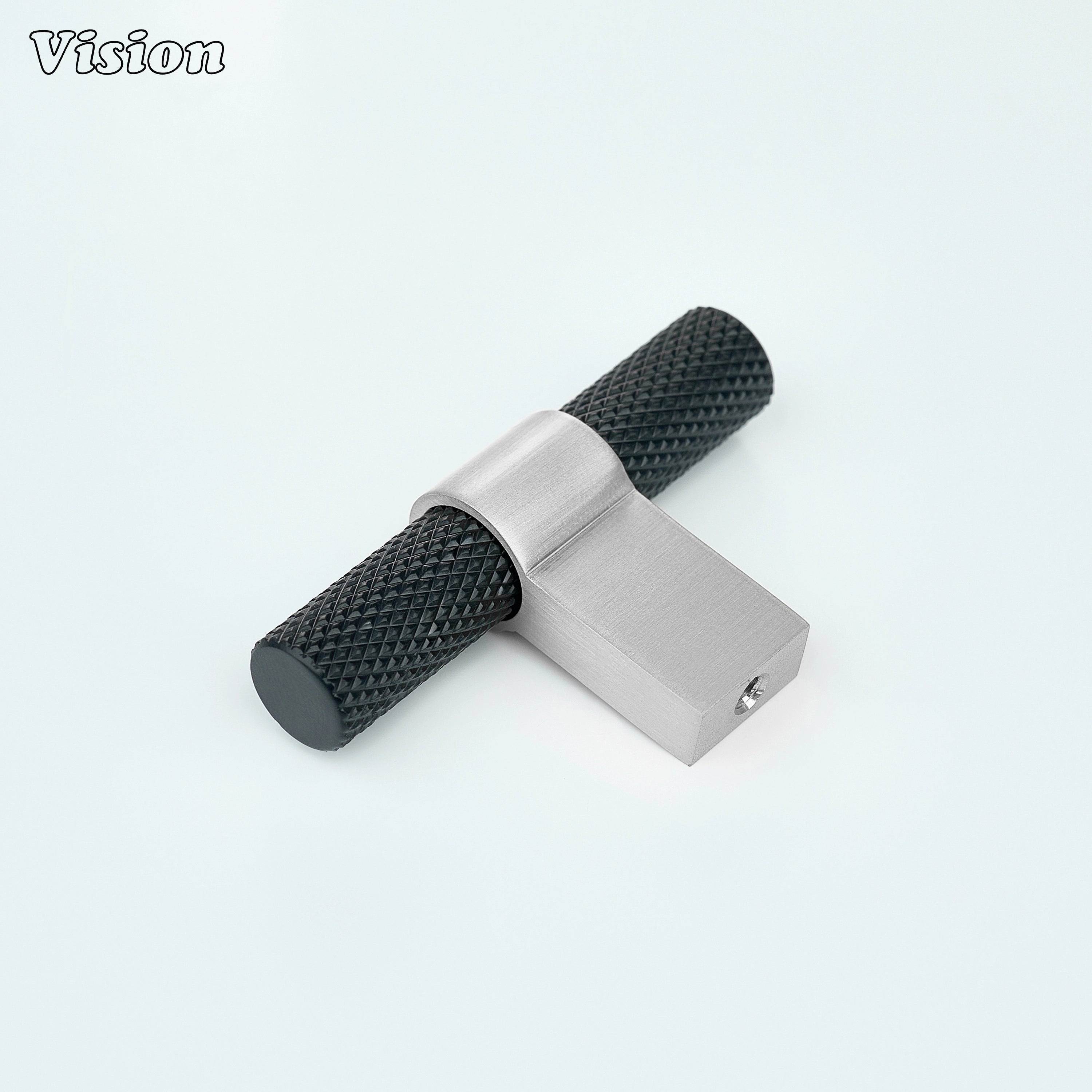 Premium knurled cabinet t-knob in Black and Silver featuring cylindrical bar for drawer units