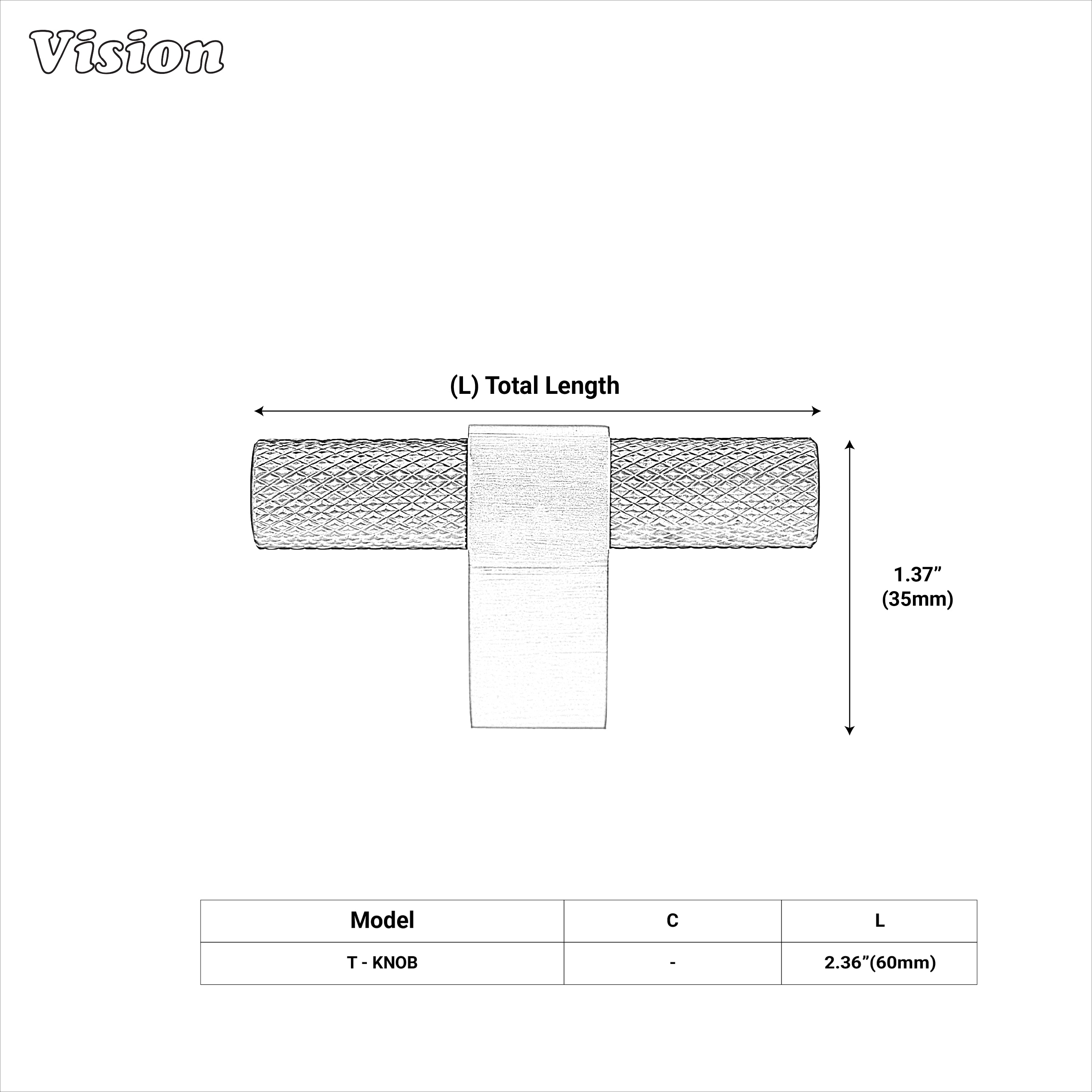 Textured knurled cabinet t-knob in Black and Silver with bar profile for kitchen drawers