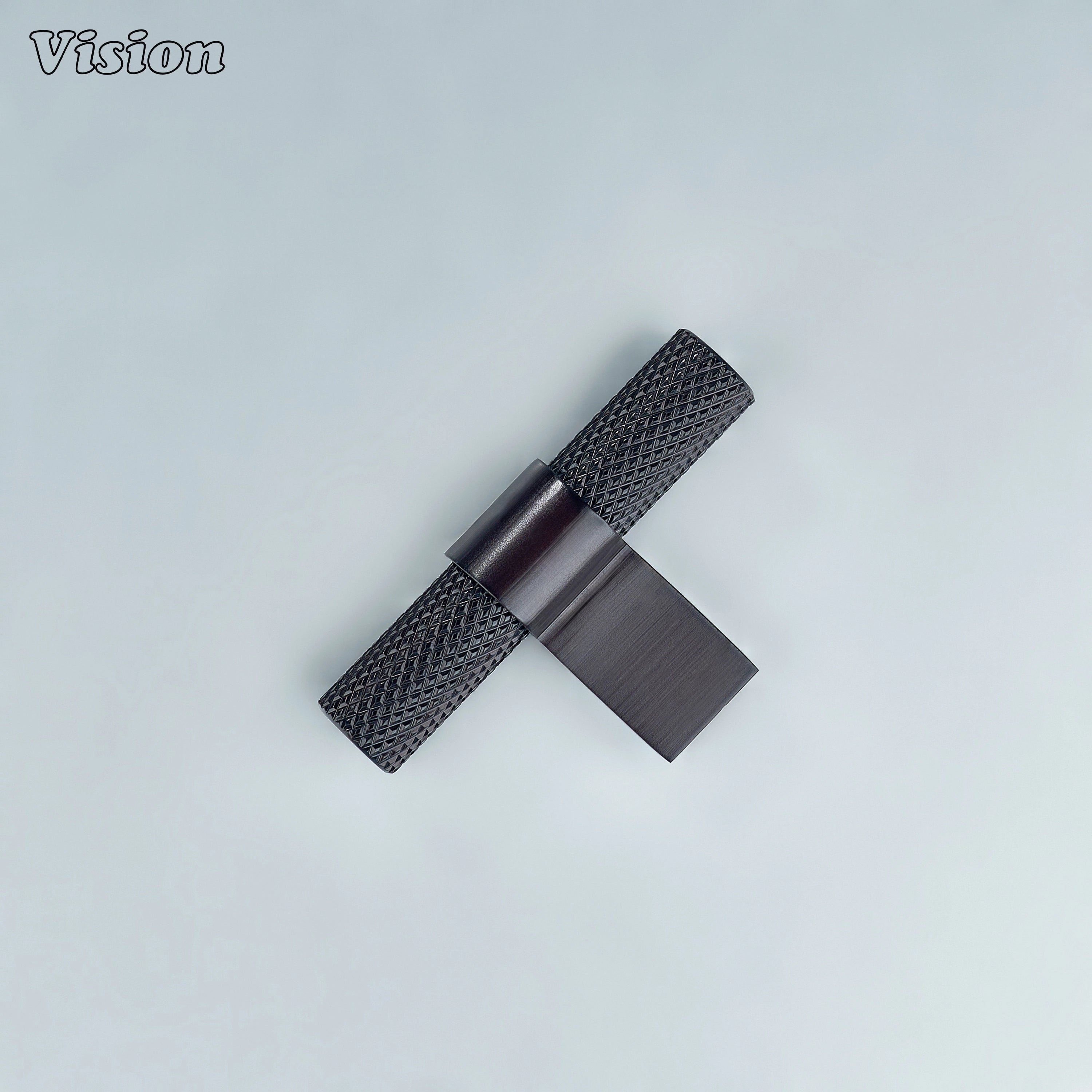 Rustic oil rubbed bronze knurled T-knob with ringed support for furniture.