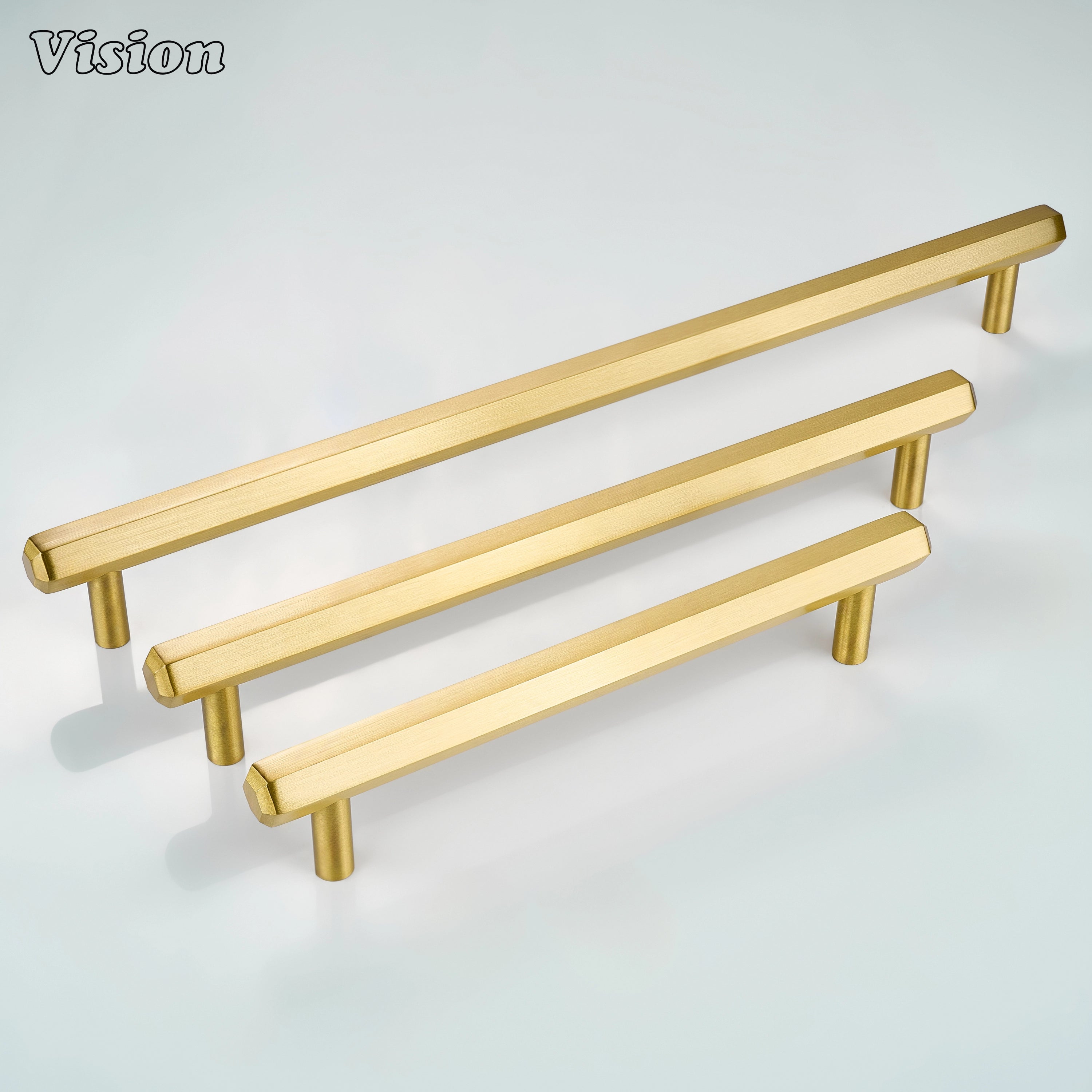 Plain profile gold cabinet handle featuring a hexagonal bar and cylinder legs for wardrobe doors