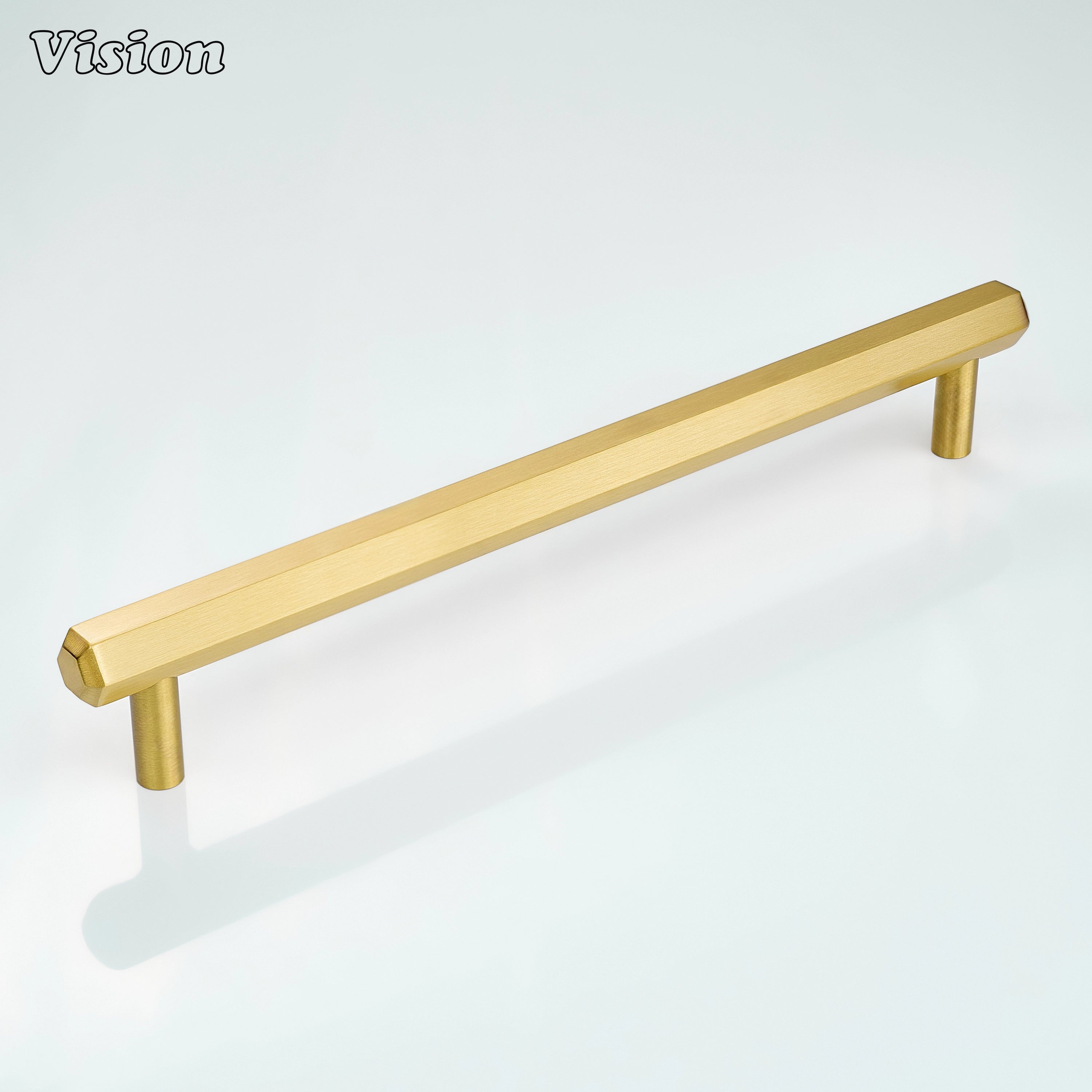 Gold cabinet handle designed with a clean hexagonal bar and cylinder legs for wardrobes