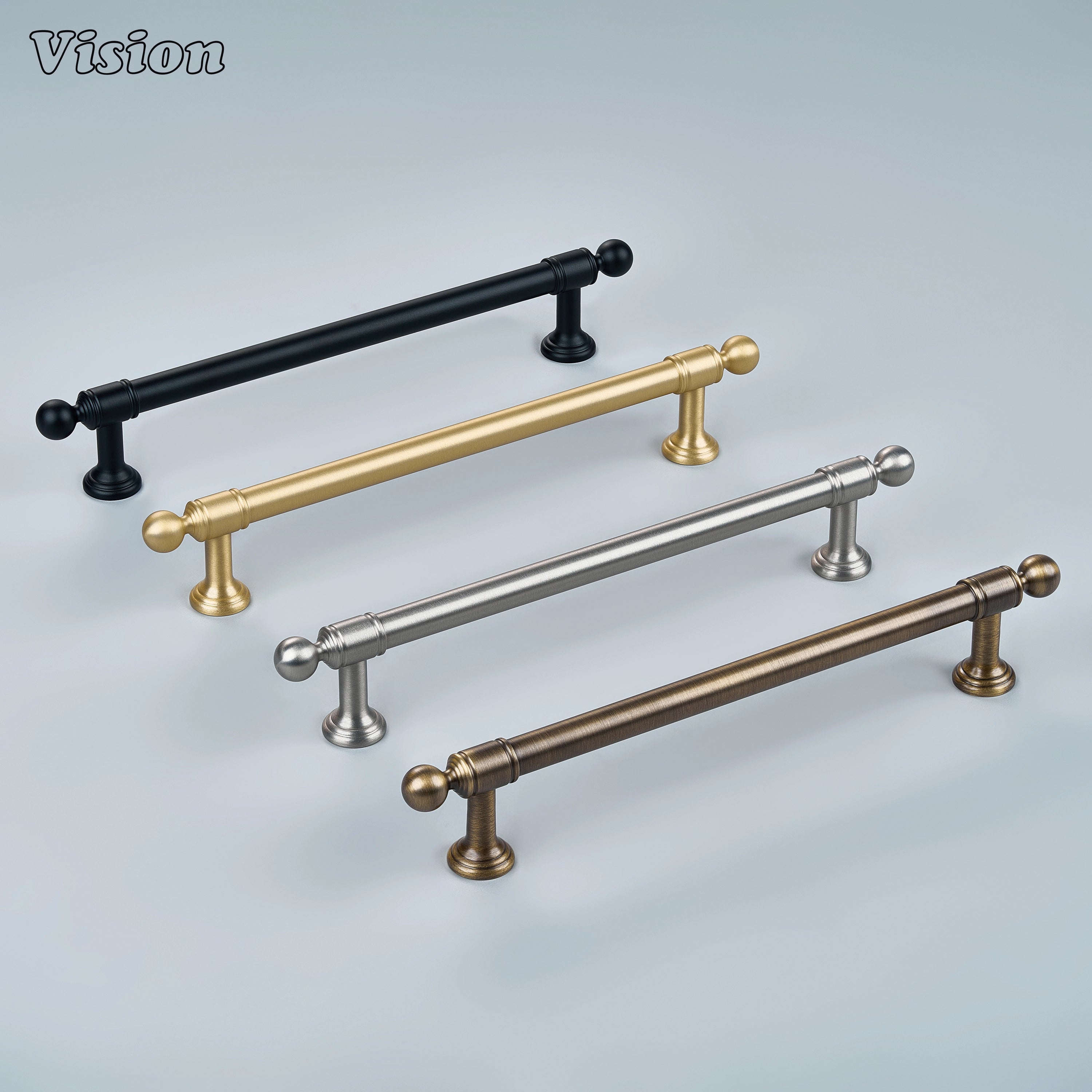 Architectural antique bronze cabinet handle featuring tiered edges on statement drawers