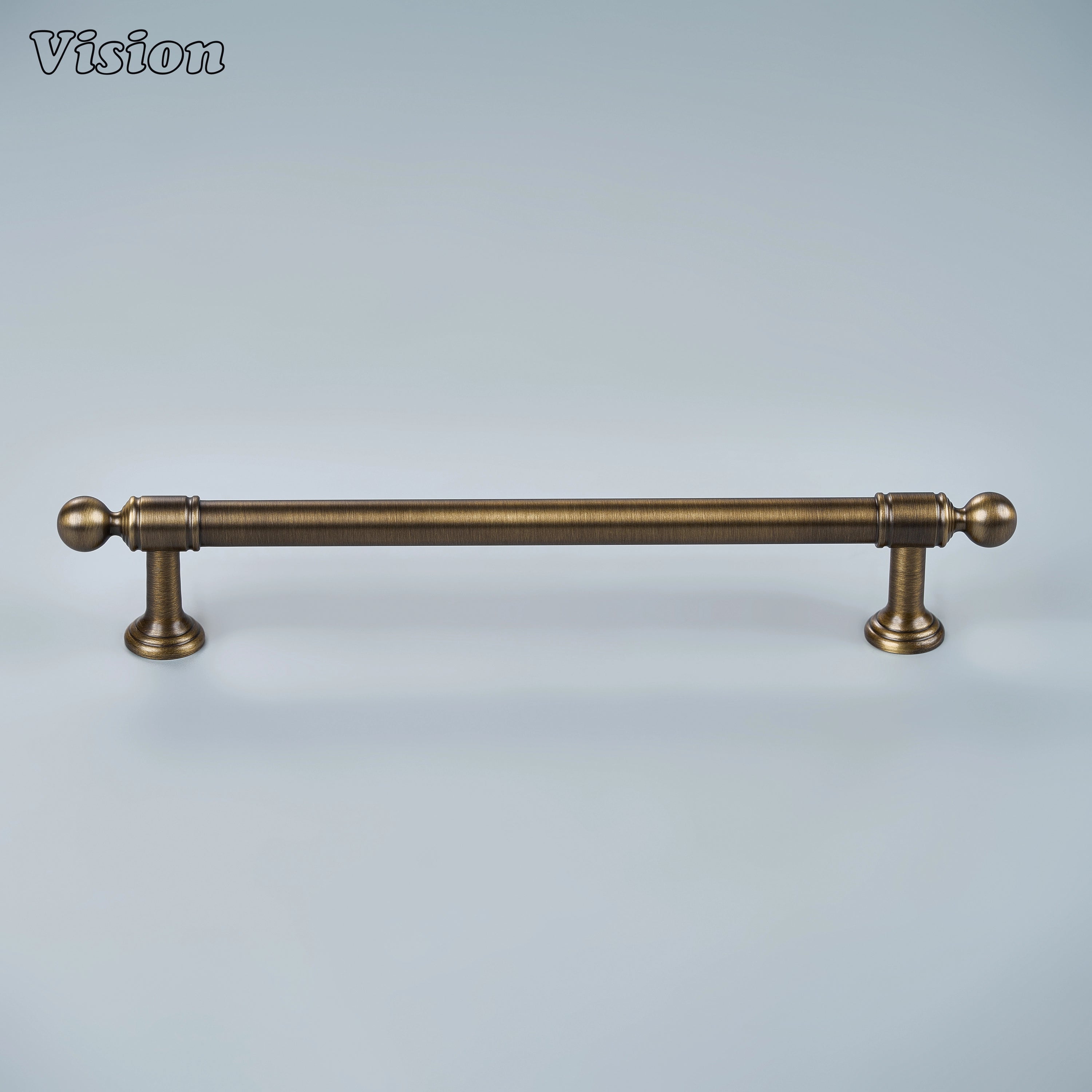 Art Deco inspired antique bronze cabinet pull with stepped edges on office drawers