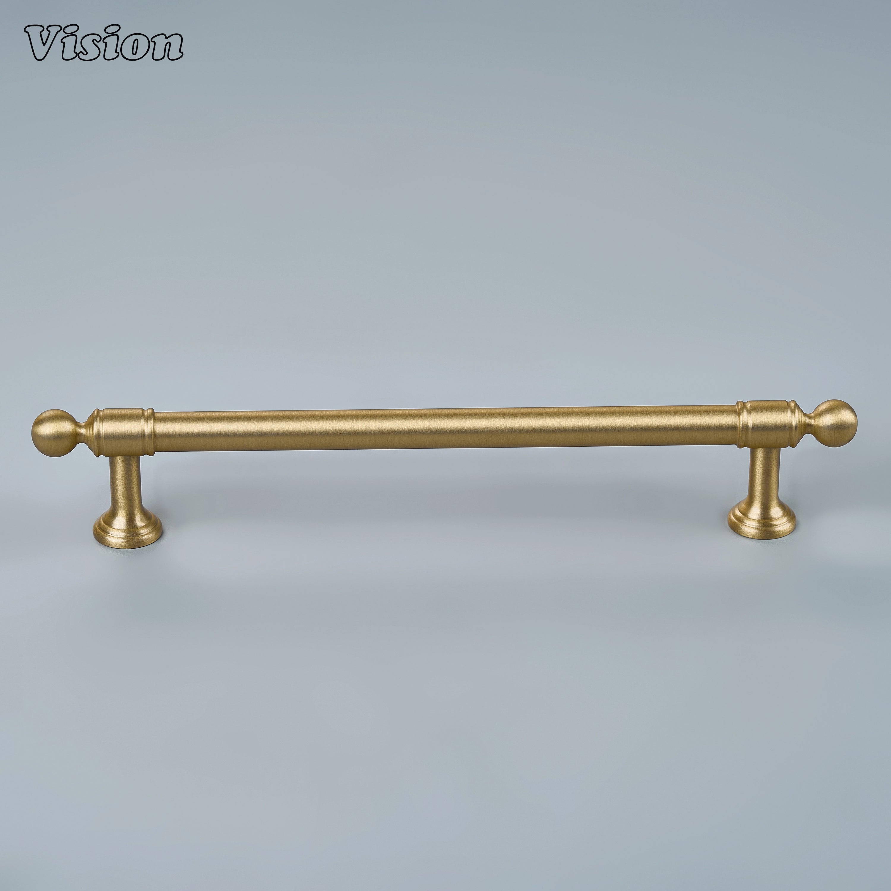 Art Deco inspired gold cabinet pull with stepped edges on office drawers