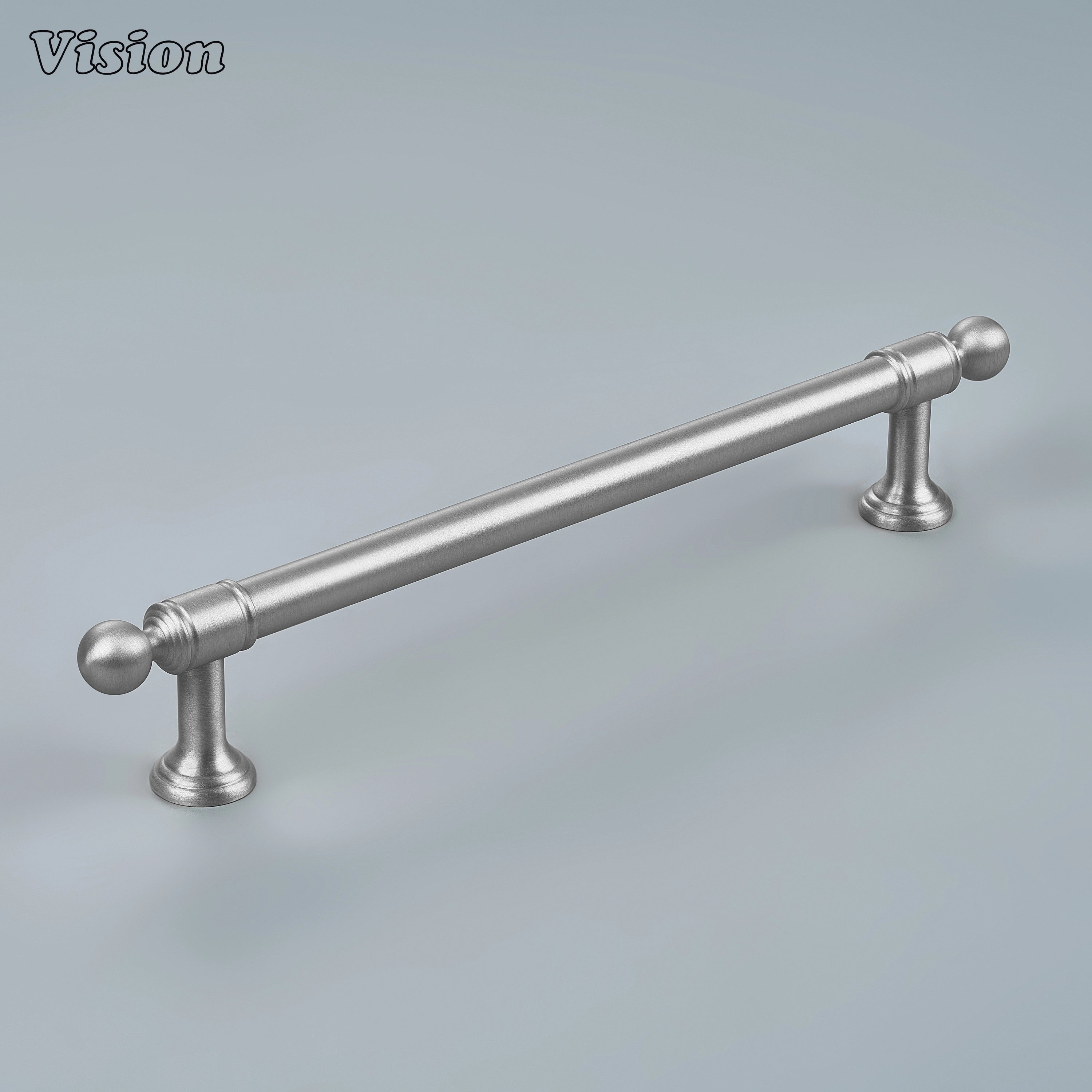 Sleek silver solid brass cabinet hardware with tiered steps on custom cabinetry