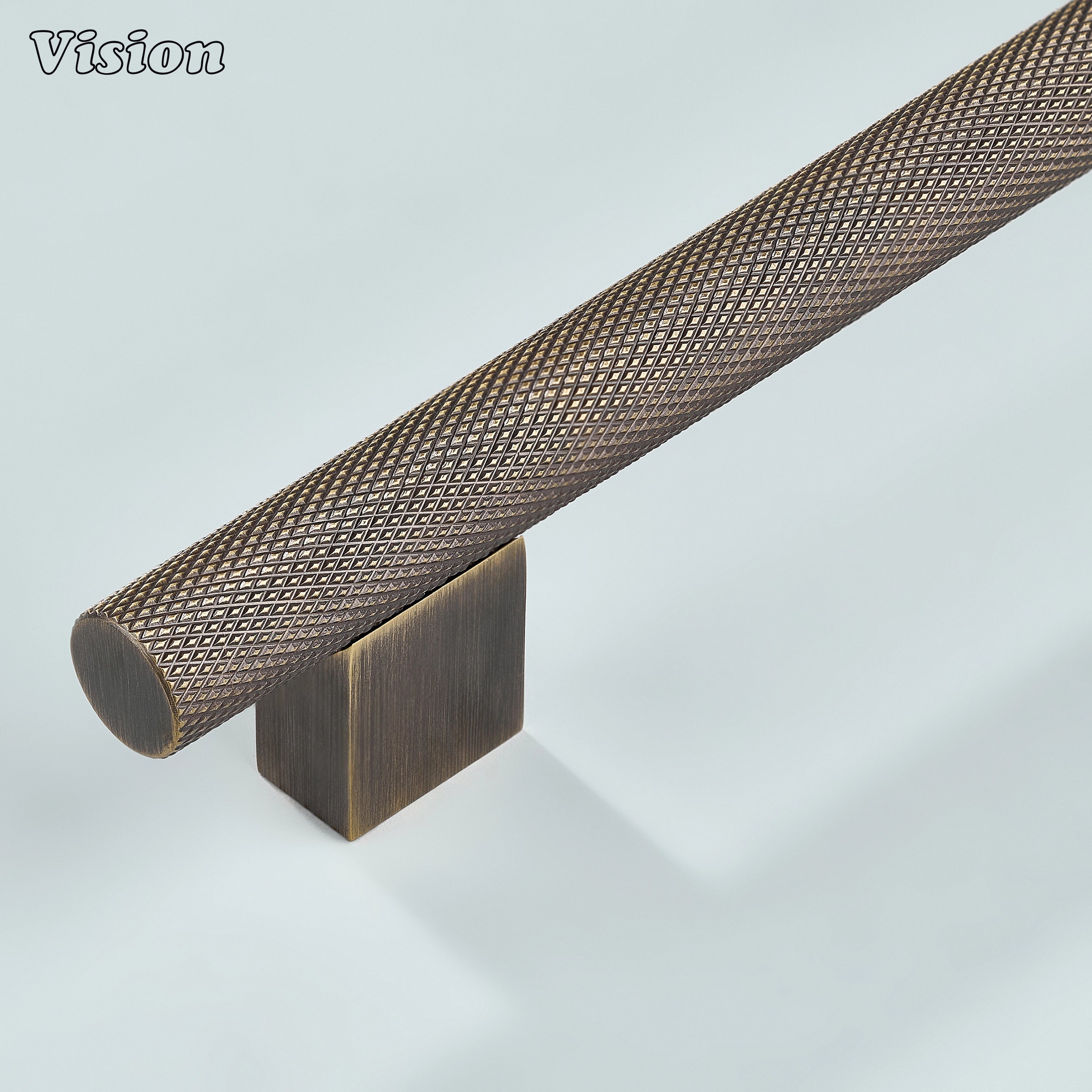Knurled cabinet handle in Antique Bronze finish with square legs for cabinetry