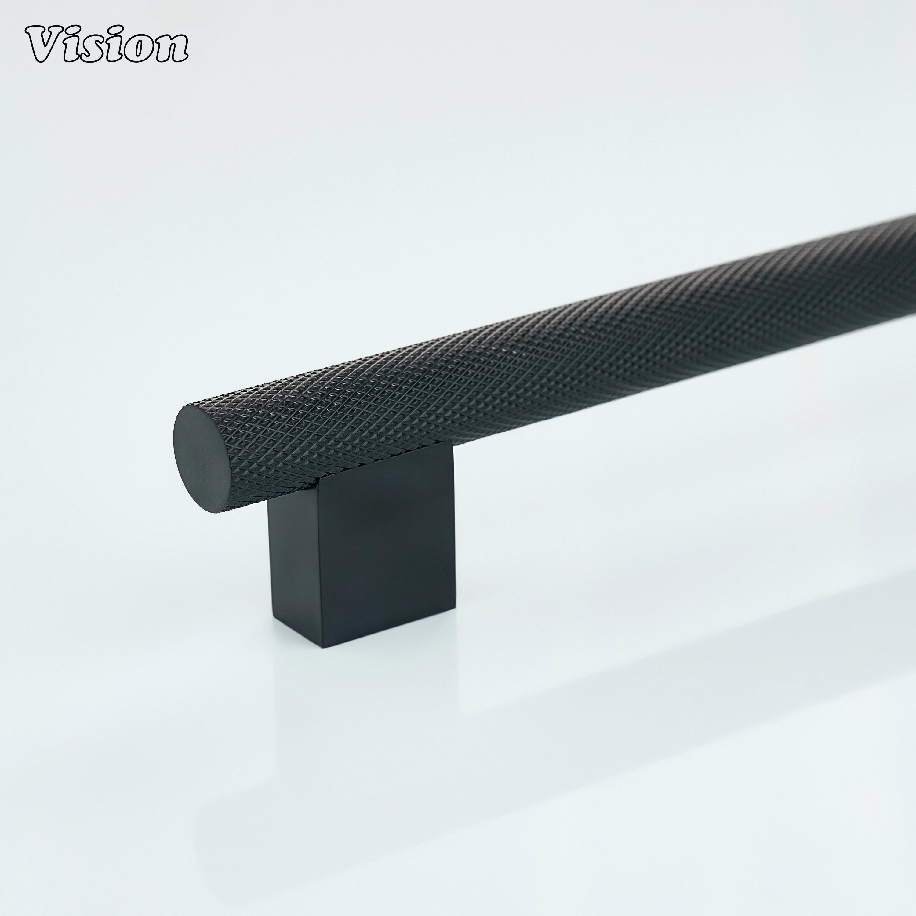Knurled cabinet handle in Black finish with square leg bar design