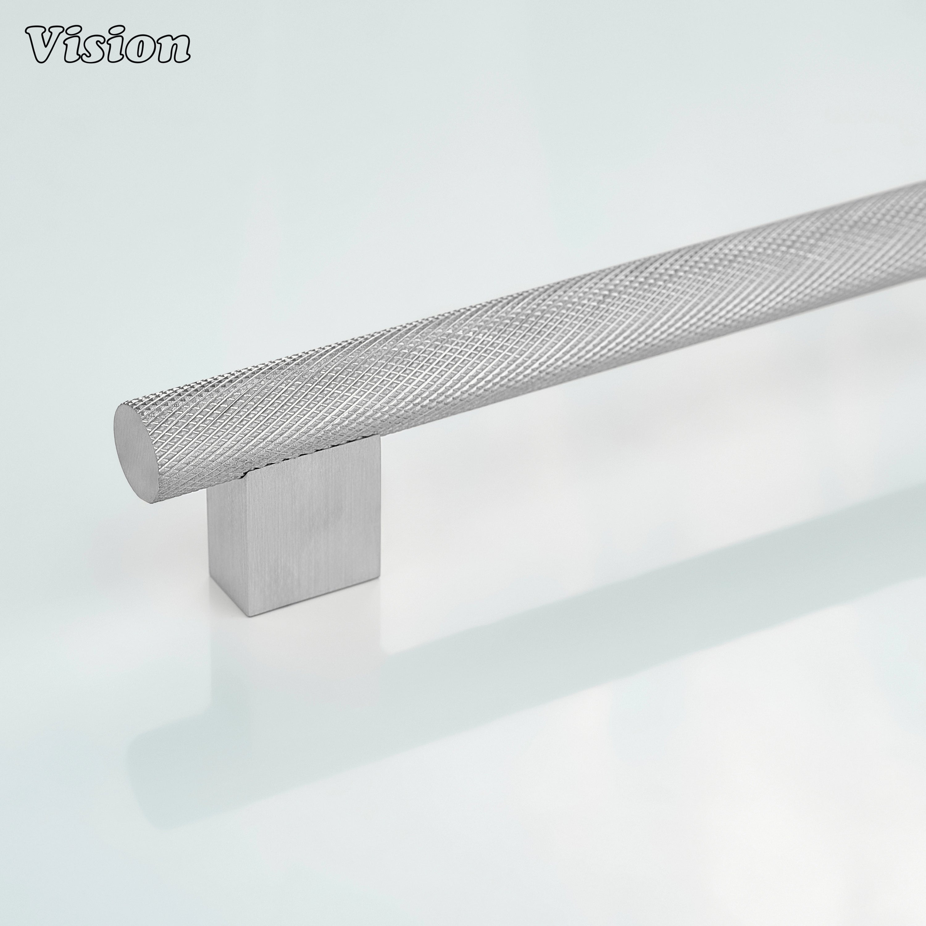 Knurled cabinet handle in Silver finish with square leg bar design