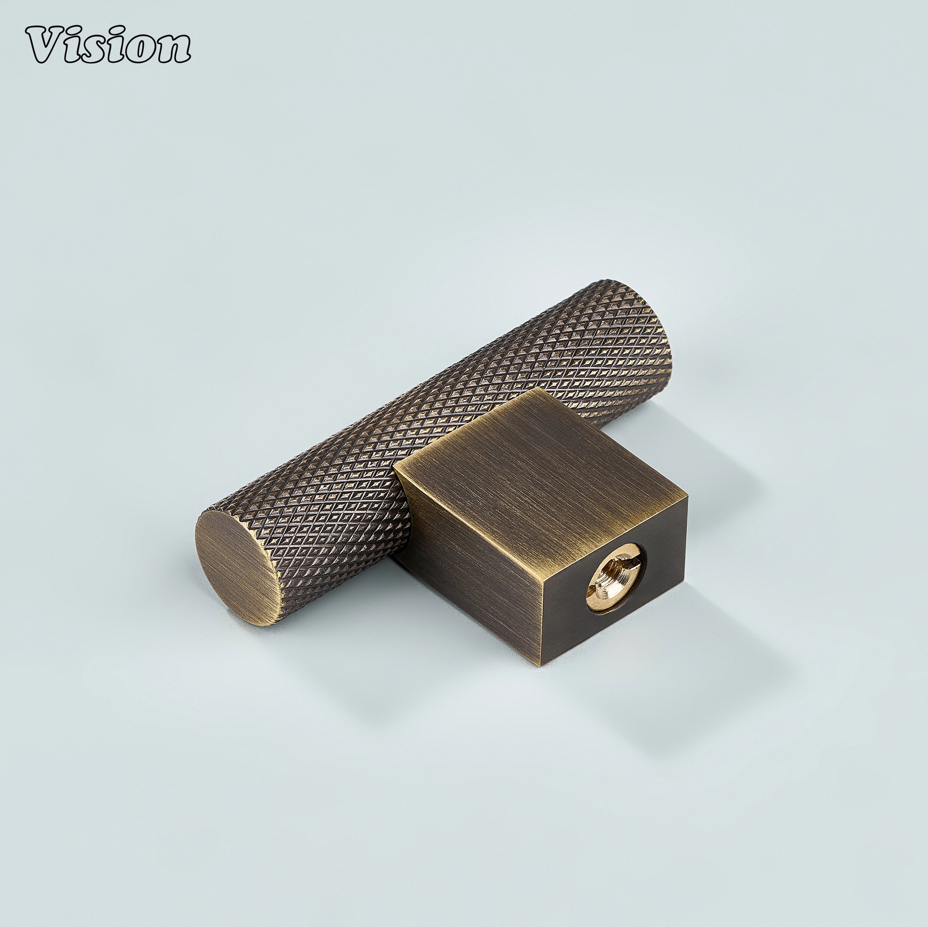 Antique bronze knurled T-knob featuring squared leg and textured grip for drawers.