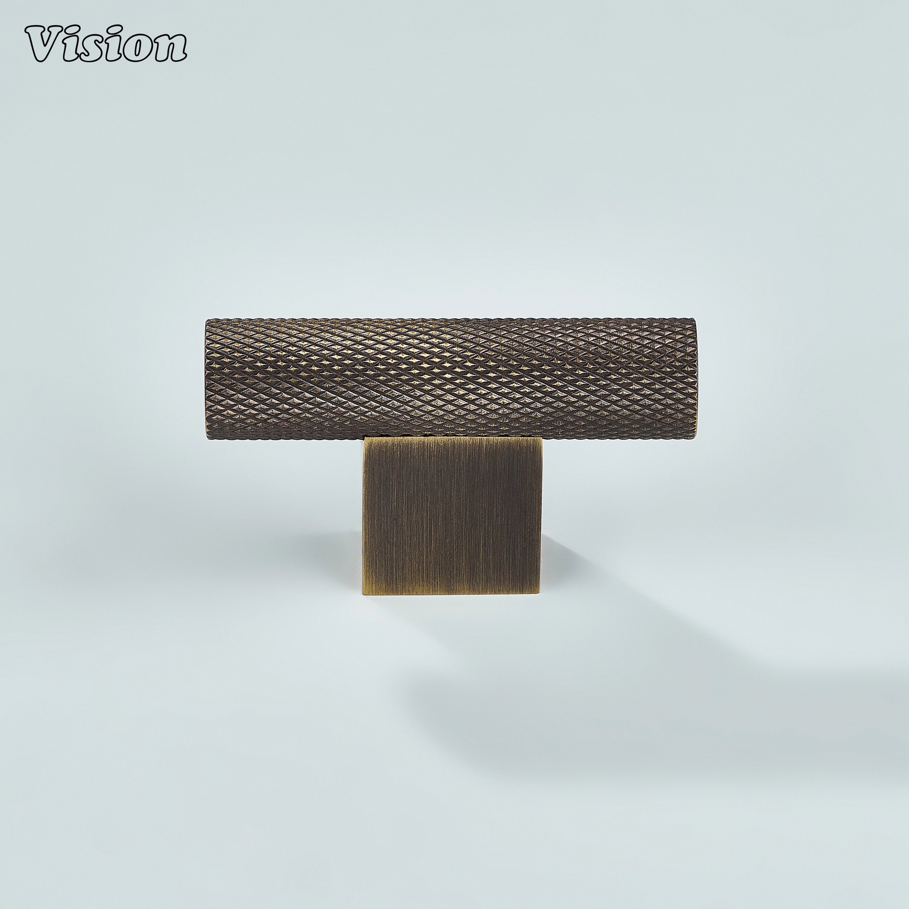 Delta antique bronze cabinet T-knob with knurling and squared leg detail.