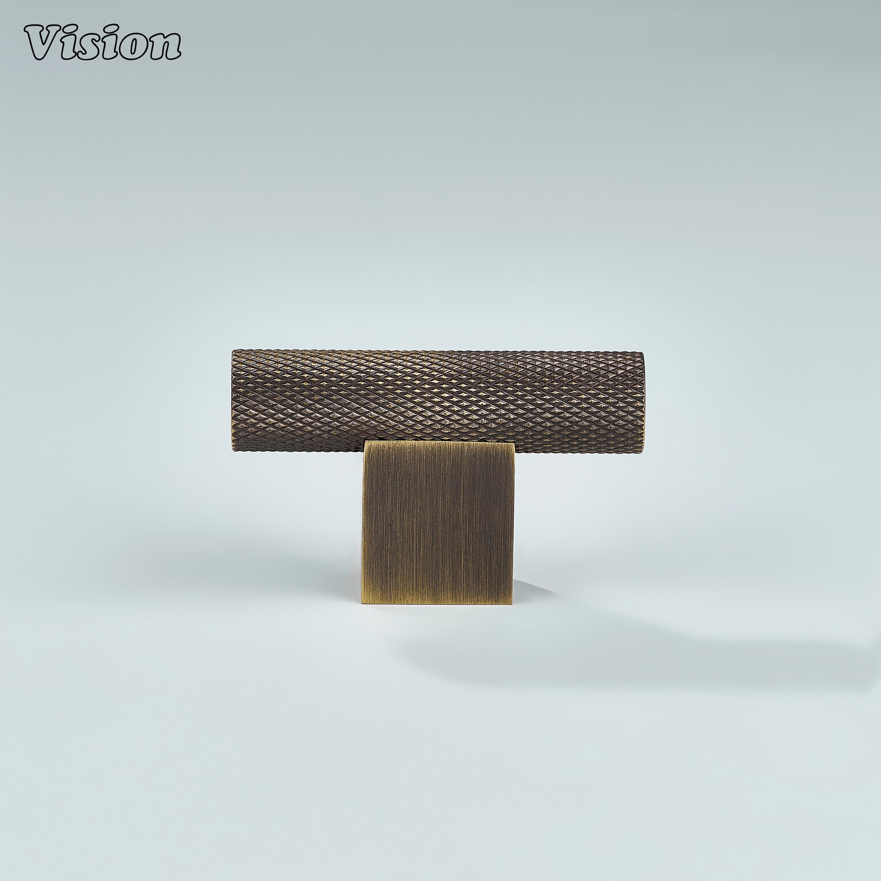 Knurled antique bronze T-knob with squared leg for rustic cabinetry.