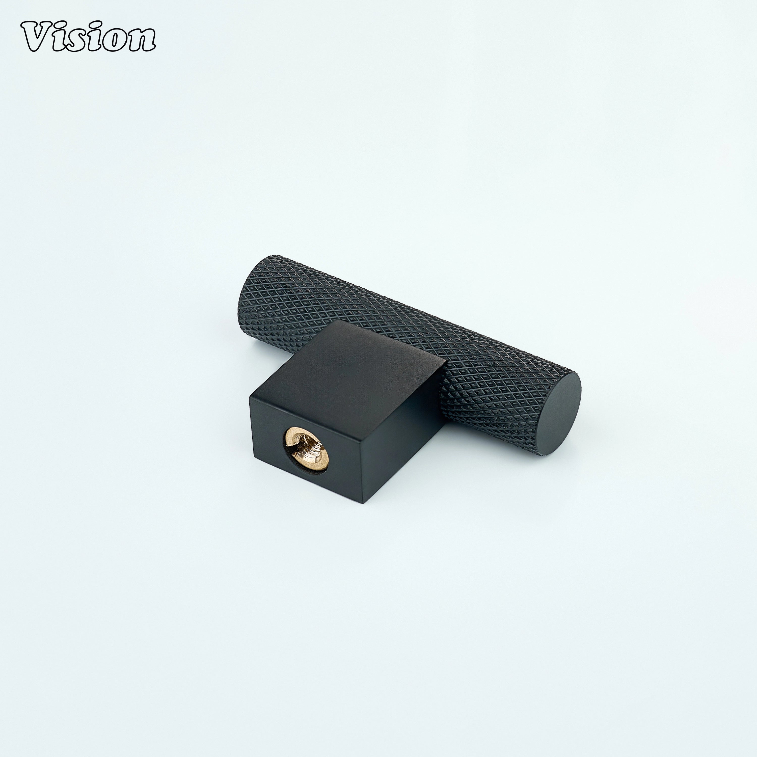Black knurled cabinet t-knob featuring textured cylindrical bar for drawers