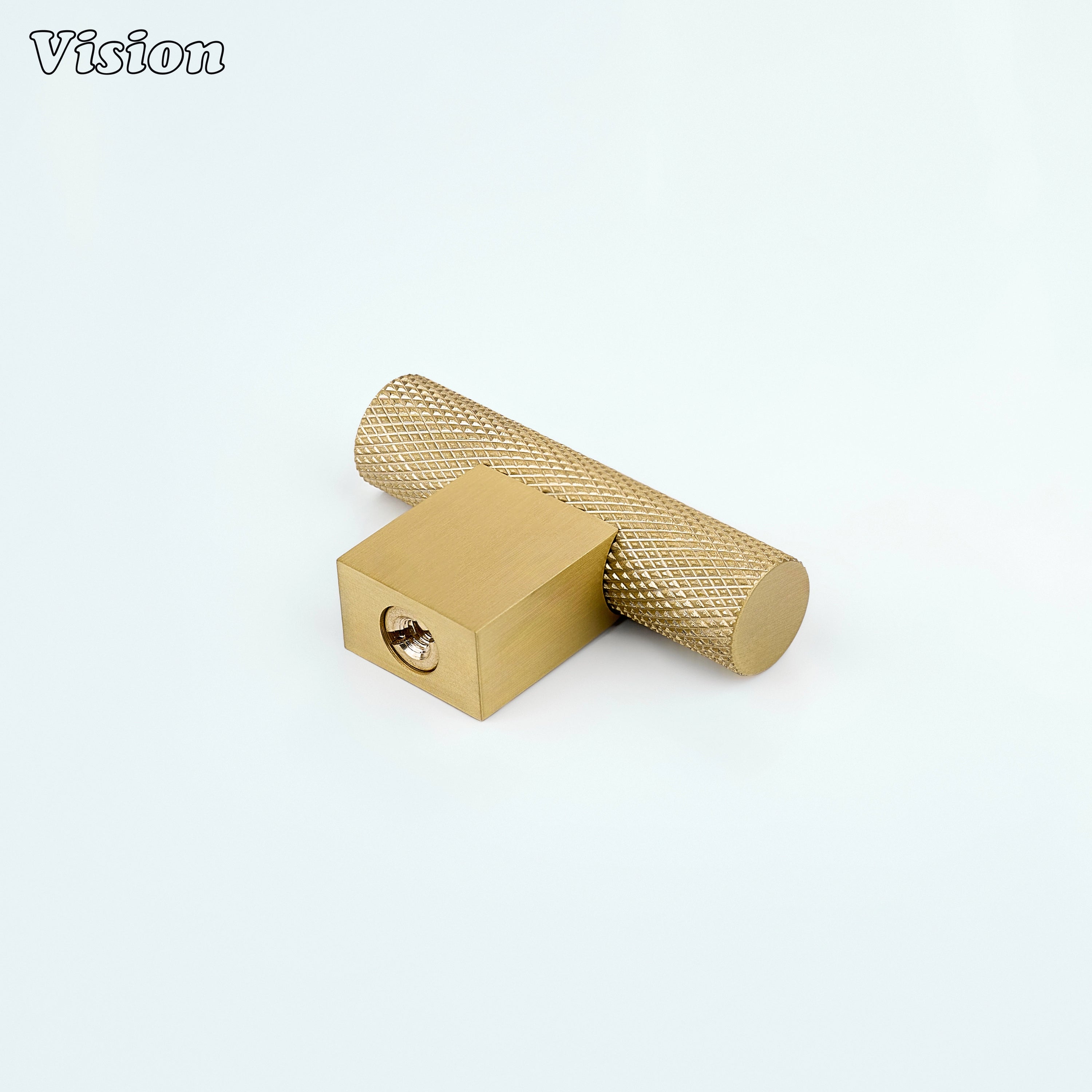 Gold knurled cabinet t-knob featuring textured bar and square leg used on drawers