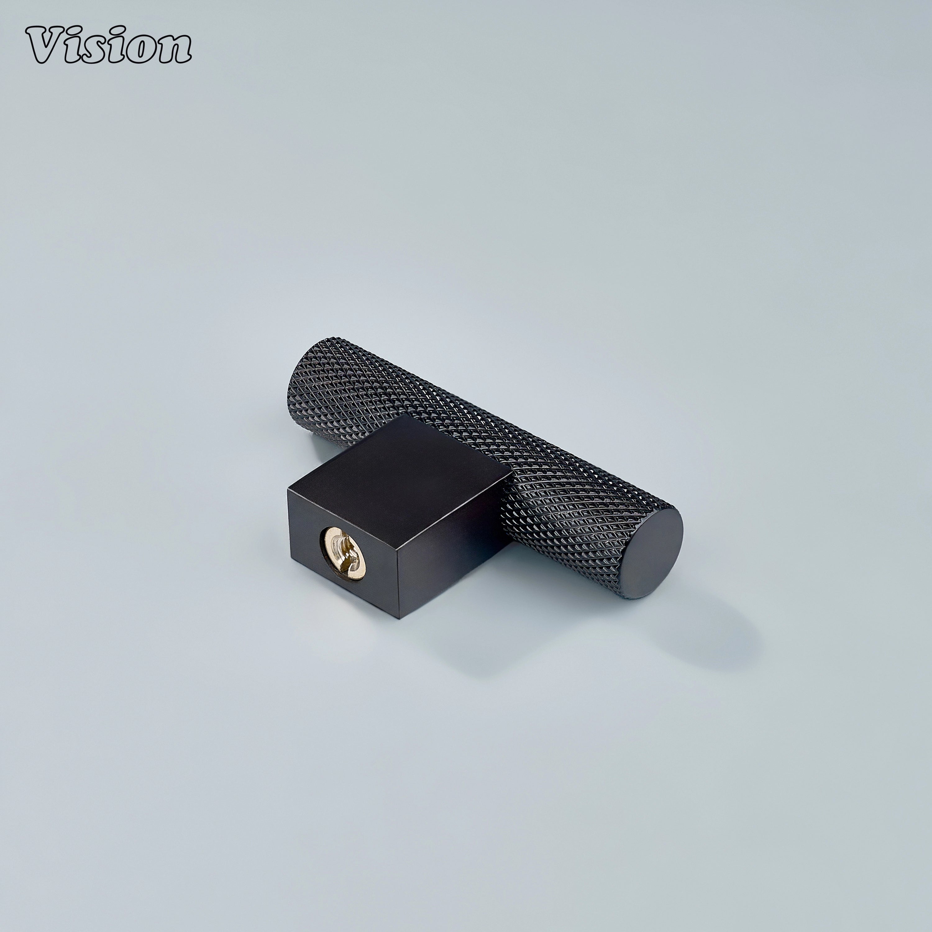 Knurled oil rubbed bronze T-knob designed with squared leg for warm cabinetry.