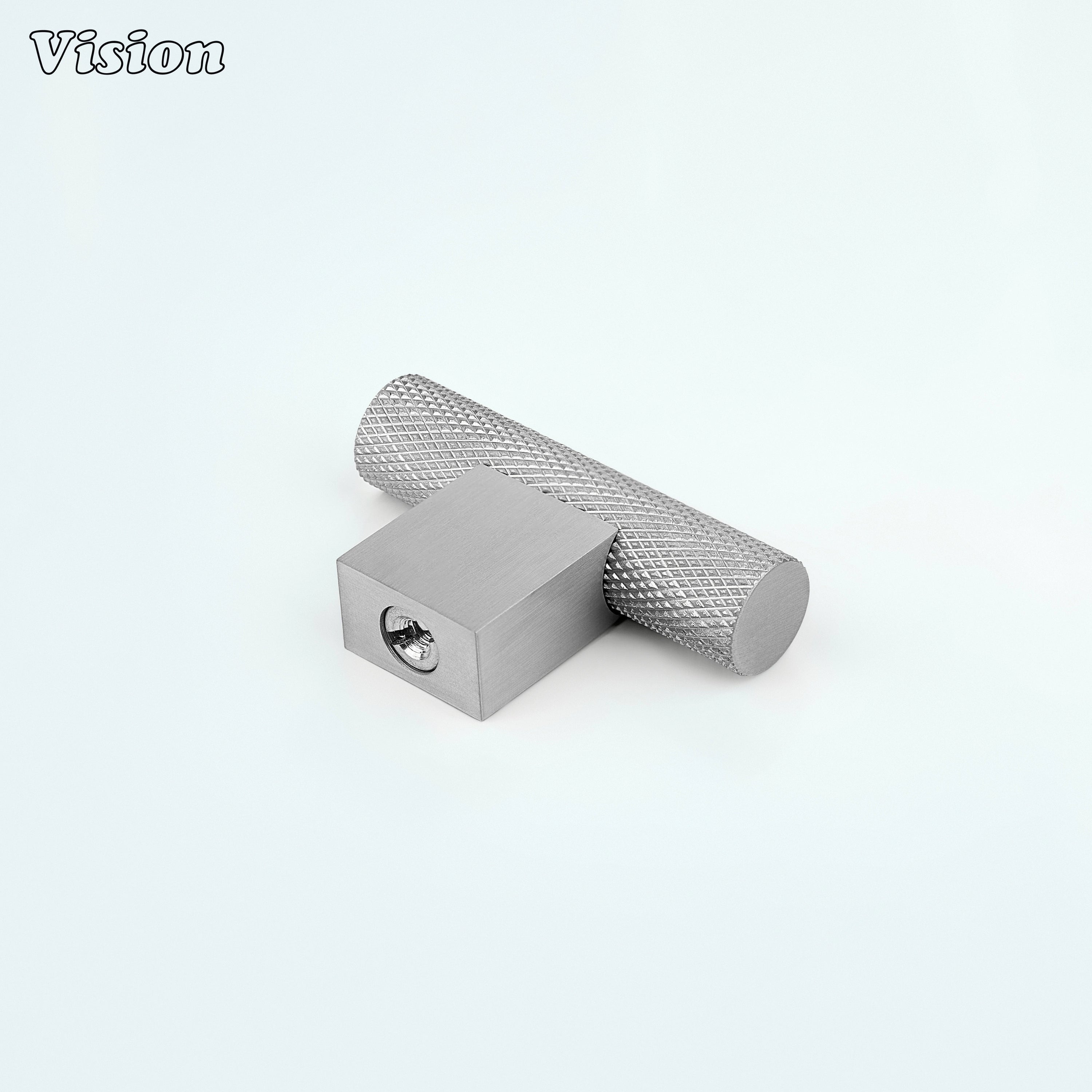 Silver knurled cabinet t-knob featuring textured cylindrical bar for drawers
