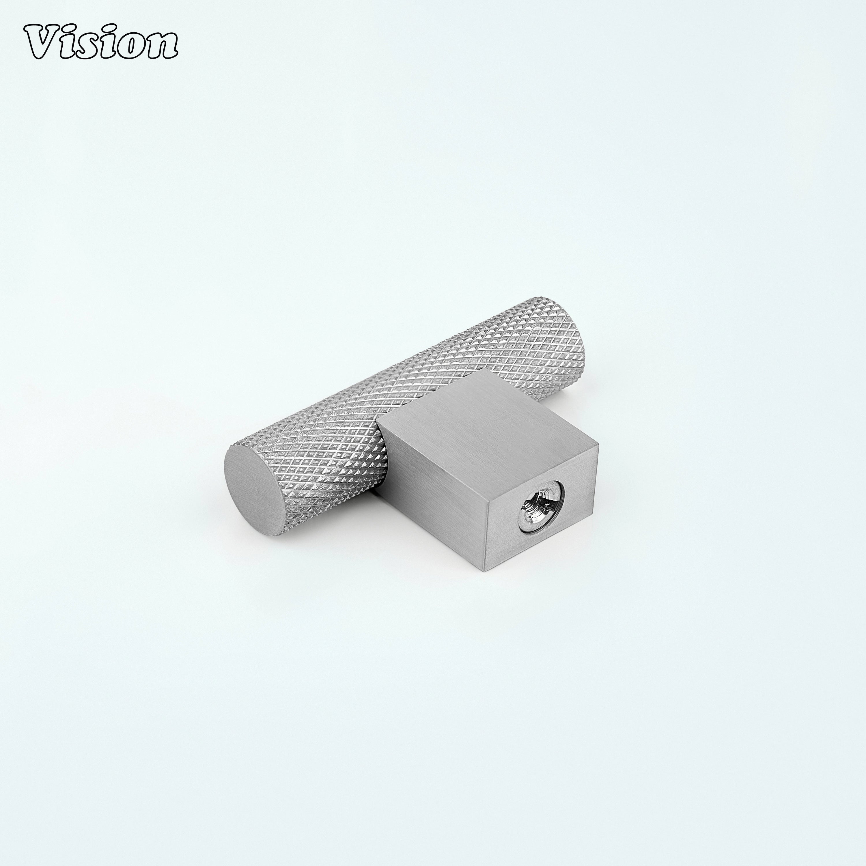 Silver brass t-knob with square leg mounted on cabinet fronts