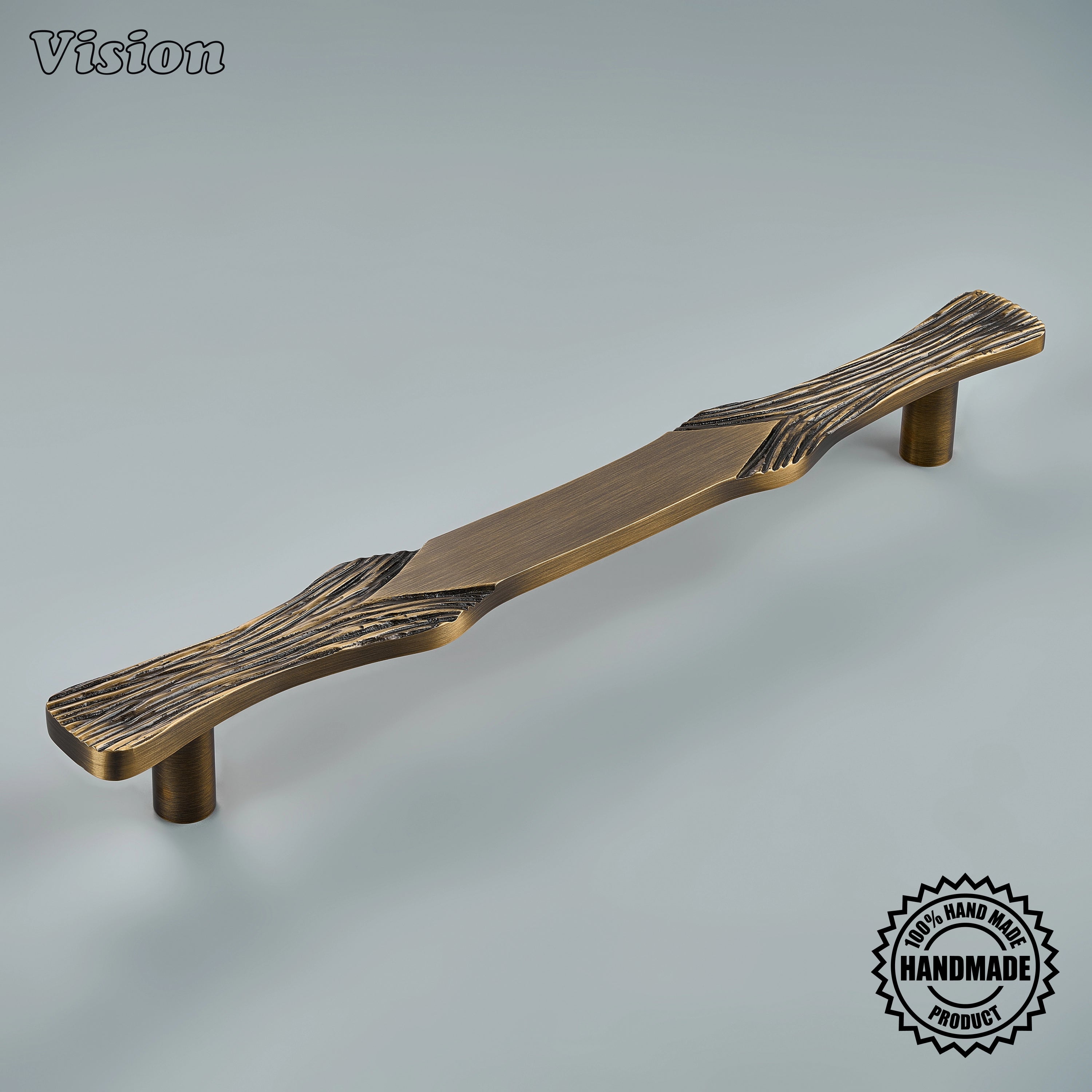 Antique Bronze handcrafted appliance pull with carved driftwood profile and solid brass bar for luxury kitchen cabinet appliances.