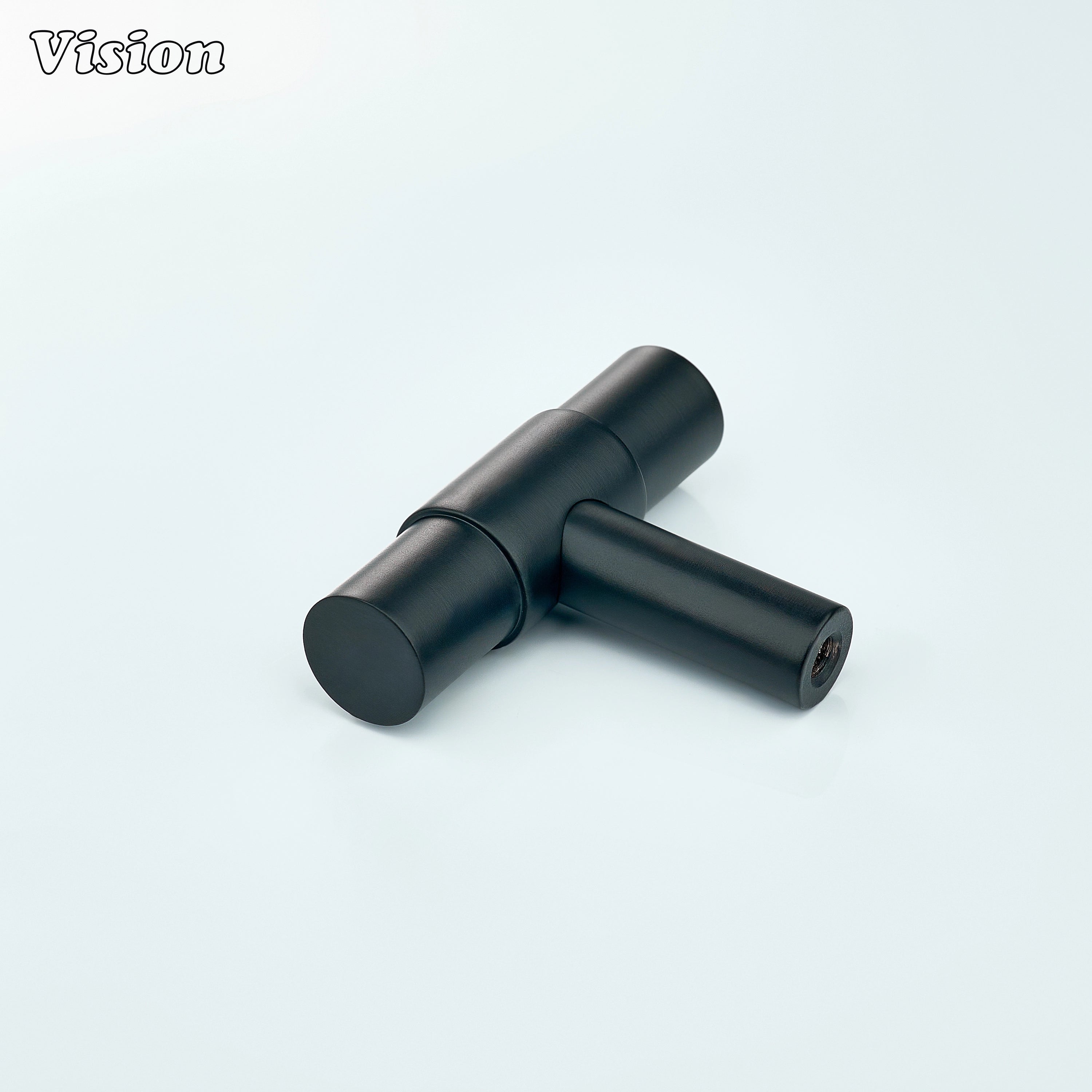 Black t-knob with solid brass round bar and central ring detail for furniture