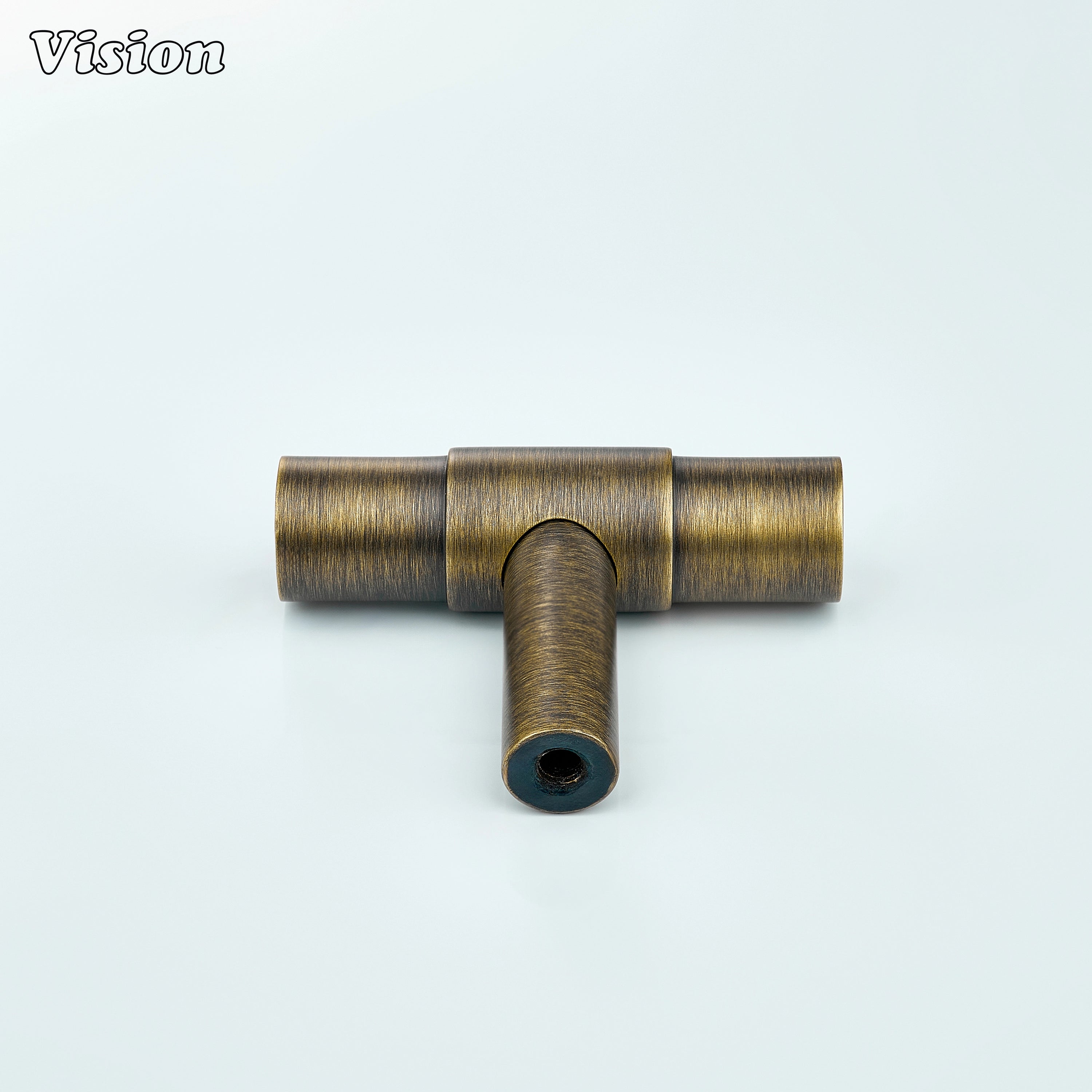 Antique Bronze t-knob with solid brass round bar and raised ring detail for cabinets