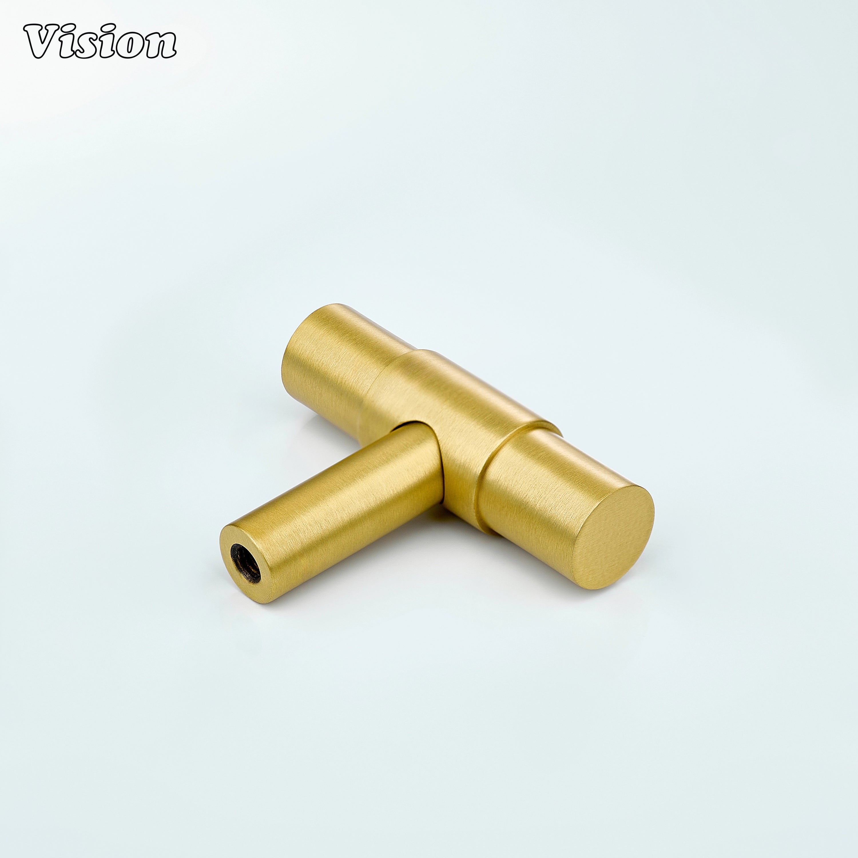Gold solid brass t-knob with round ends and raised center ring for kitchen drawers