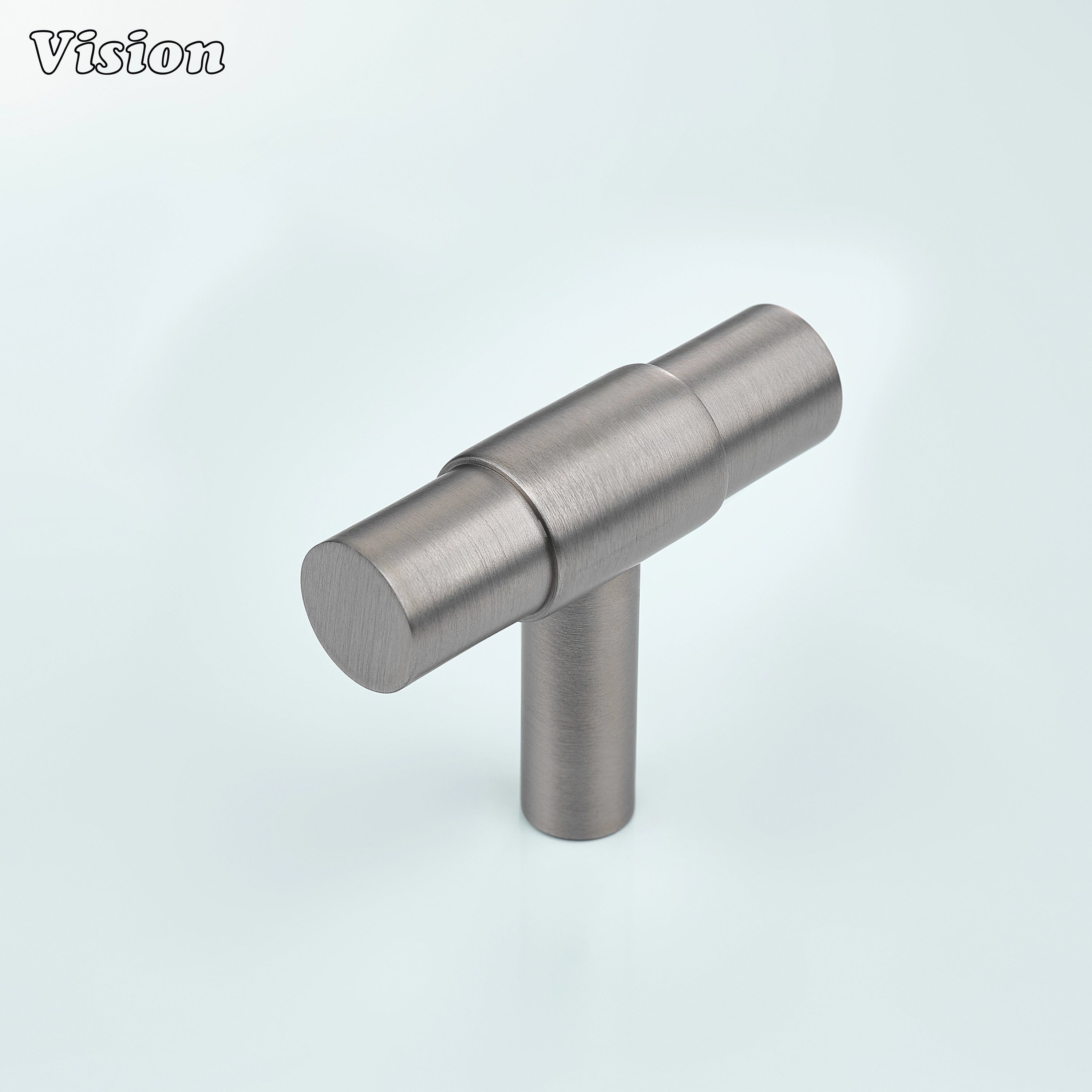 Silver solid brass cabinet t-knob with cylindrical bar and center ring for drawers