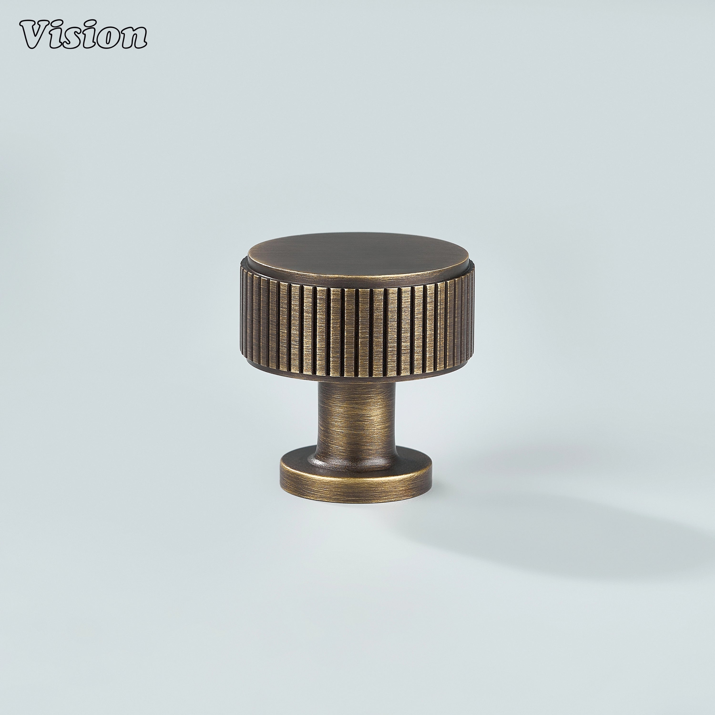 Linear knurled round cabinet knob in Antique Bronze finish for solid brass furniture drawers