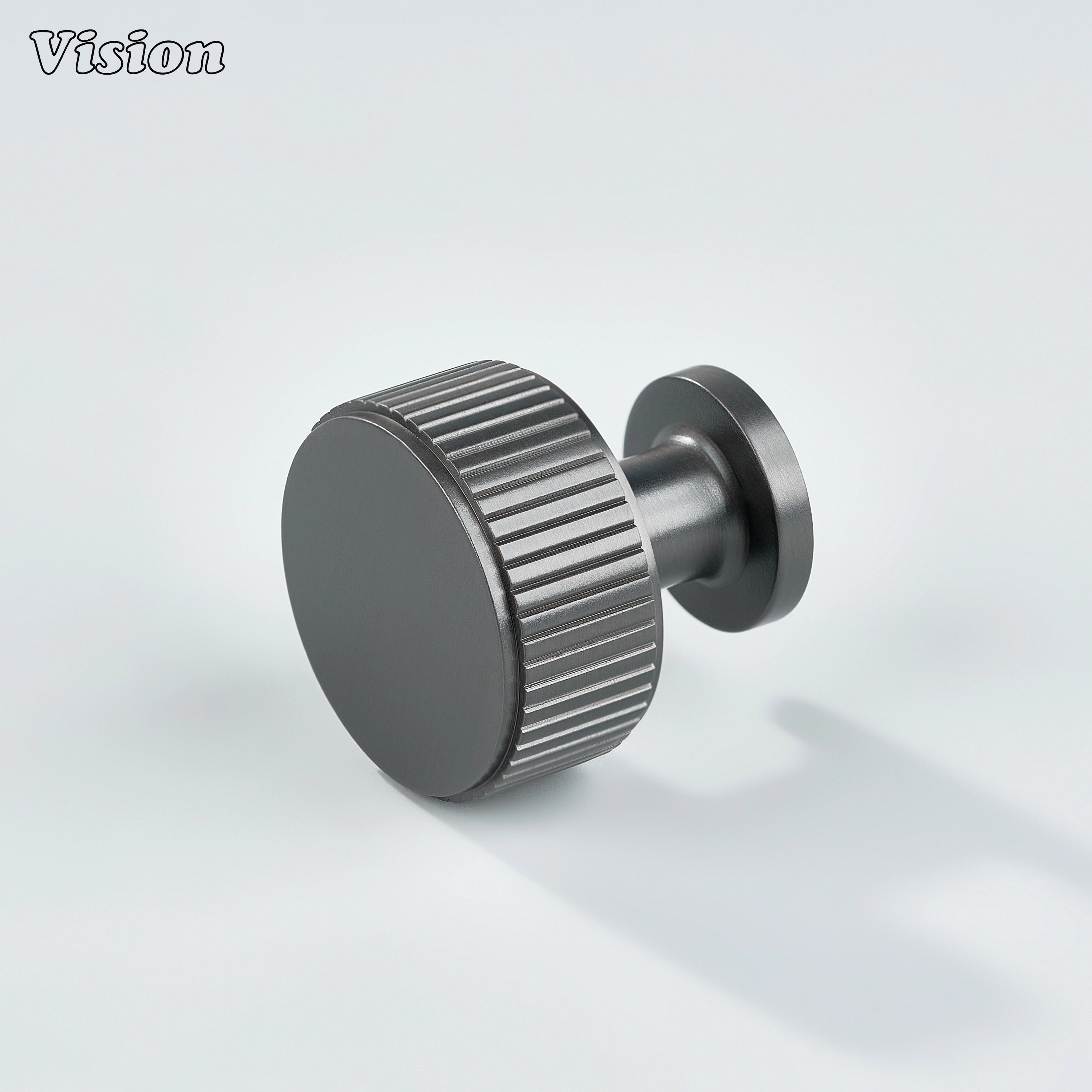 Gunmetal linear knurled brass cabinet knob with round face for modern kitchen cabinetry